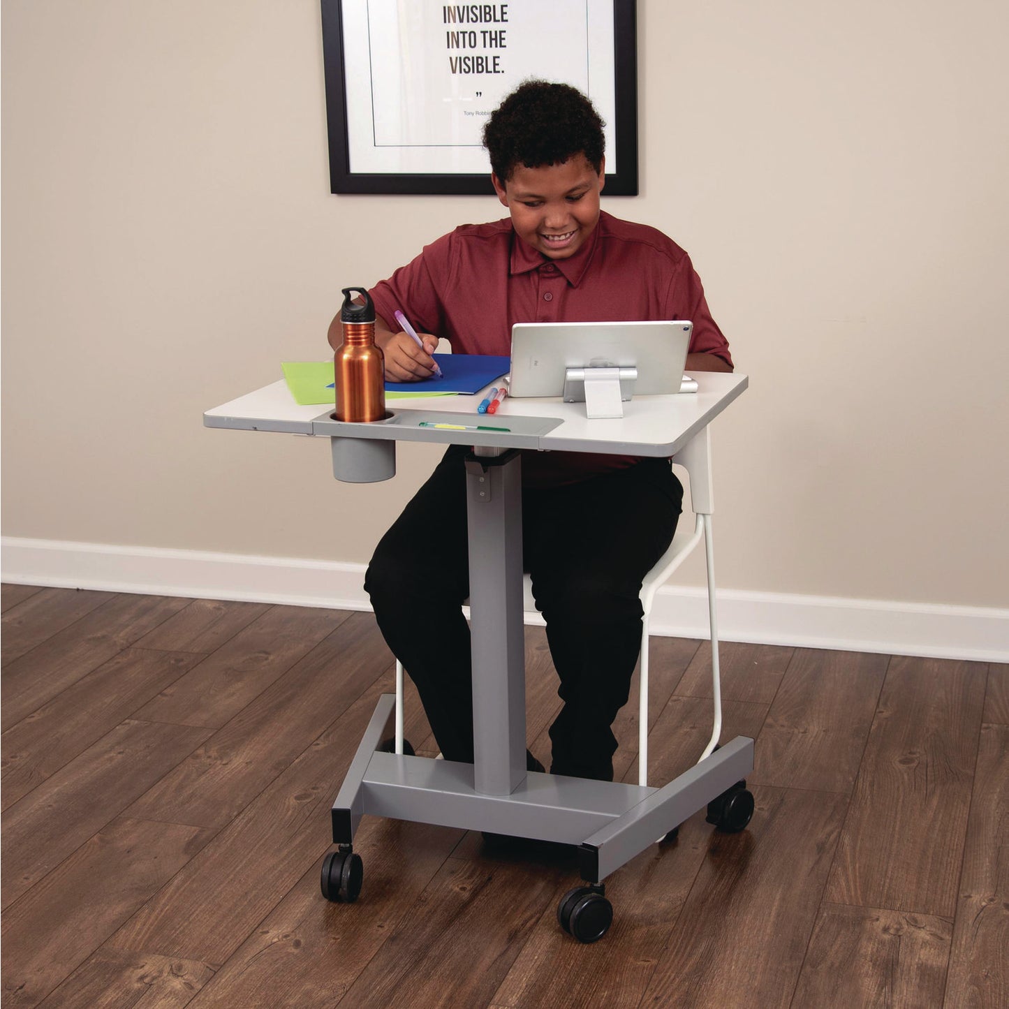Luxor Pneumatic Sit Stand Desk, 27.5 x 19.5 x 26.25 to 42, White/Gray (LXCSTUDENTP)