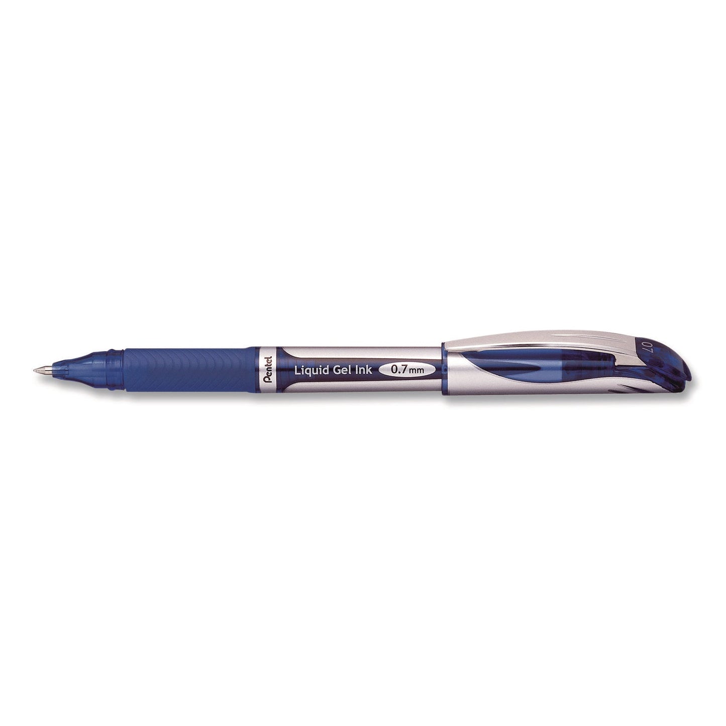 pentel-r-energel-deluxe-gel-pen-stick-medium-0-7-mm-blue-ink-silver-blue-barrel-dozen-penbl57cdz_3