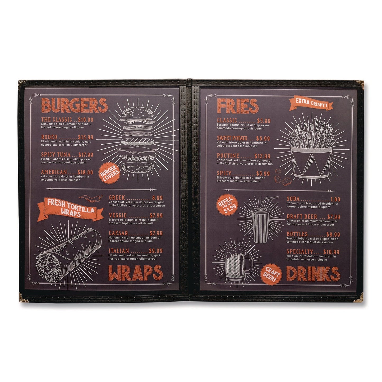 excello-global-products-r-menu-holder-for-8-5-x-11-menus-portrait-orientation-4-view-9-6-x-12-holder-clear-black-silver-10-pack-exosplsmenu4_2