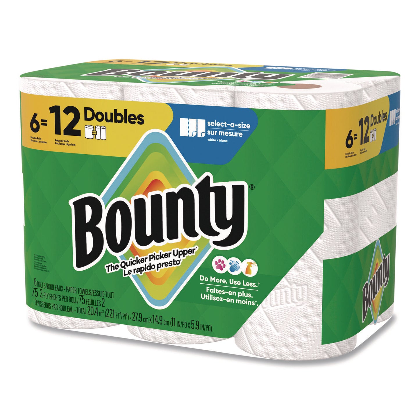 Bounty® Select-a-Size Kitchen Roll Paper Towels, 2-Ply, White, 10.2 x 11, 75 Sheets/Roll, 6 Triple Rolls/Pack (PGC16008)