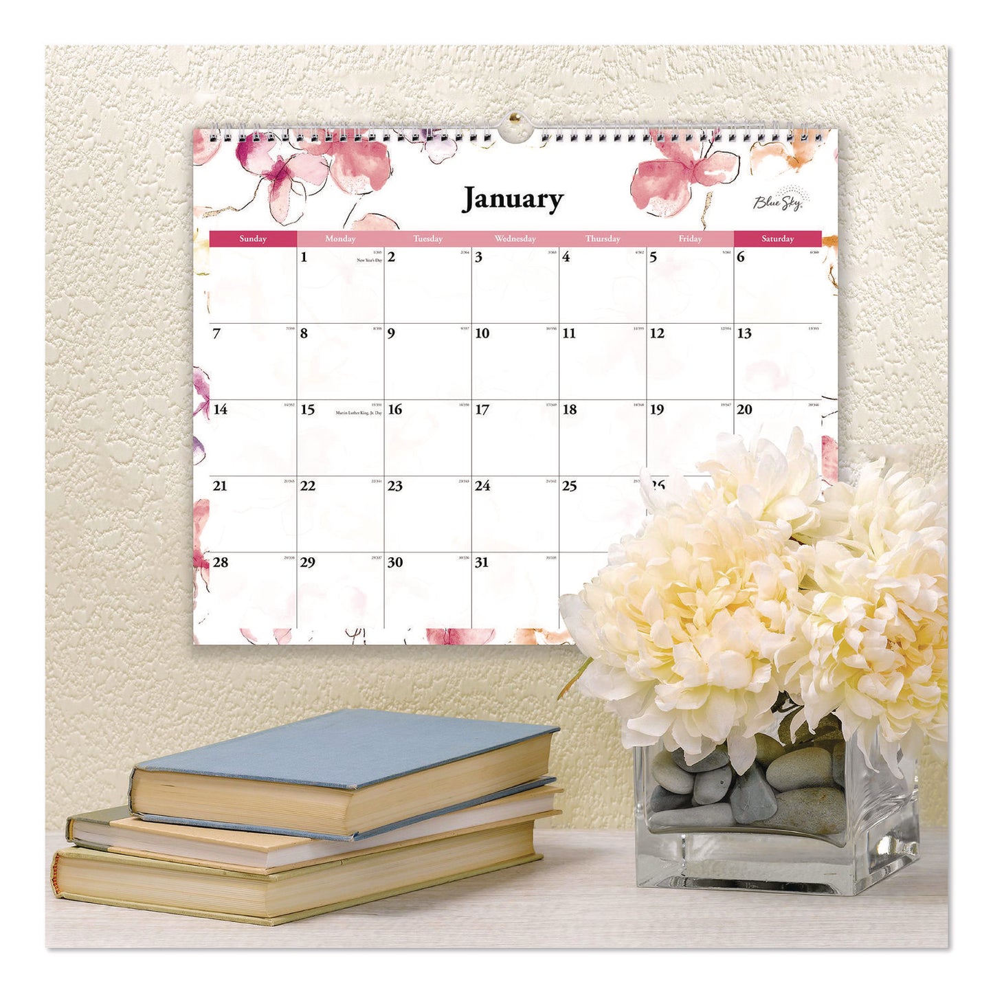 Blue Sky® Lindley Monthly Wall Calendar, Floral Artwork, 15 x 12, White/Pink/Red Sheets, 12-Month (Jan to Dec): 2026 (BLS117888)