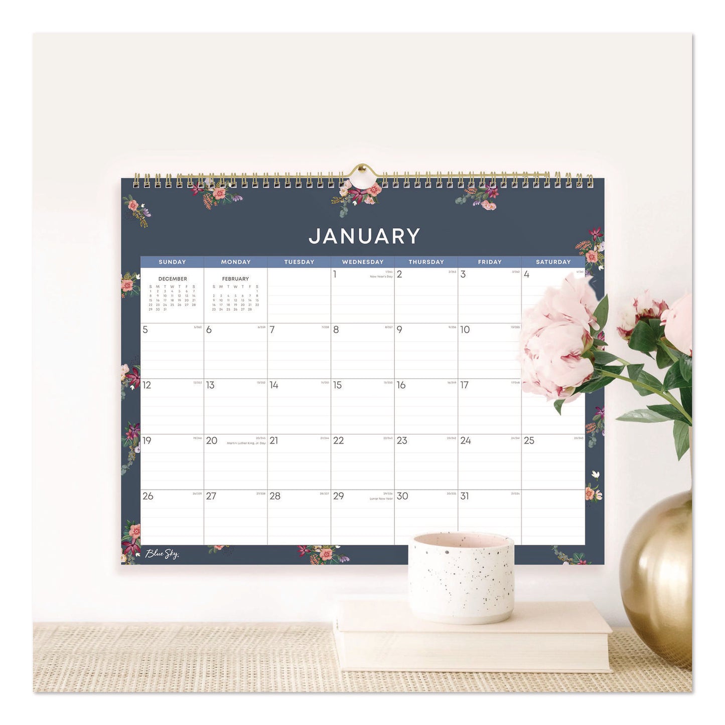 Blue Sky® Ashlyn Monthly Wall Calendar, Floral Artwork, 15 x 12, White/Blue/Pink Sheets, 12-Month (Jan to Dec): 2026 (BLS148617)