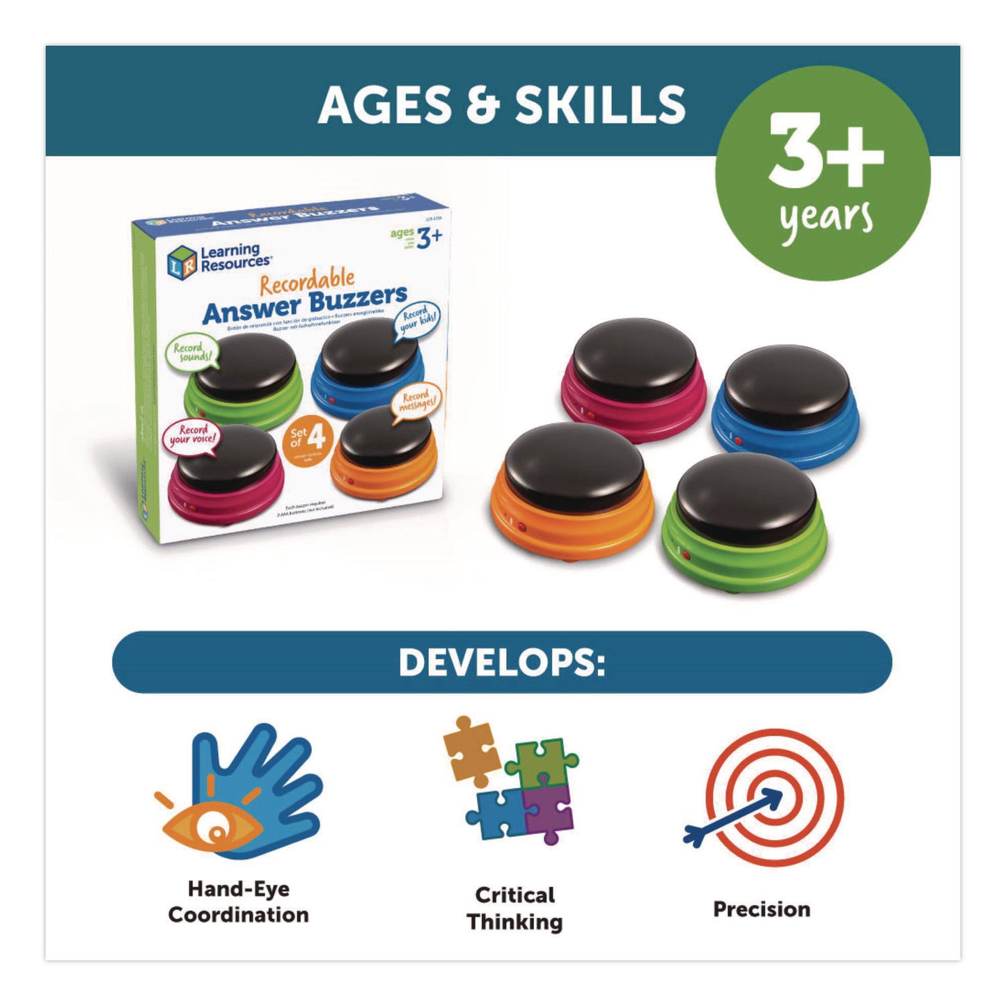 Learning Resources® Recordable Answer Buzzers, Ages 3 and Up, 4 Buzzers (LRNLER3769)