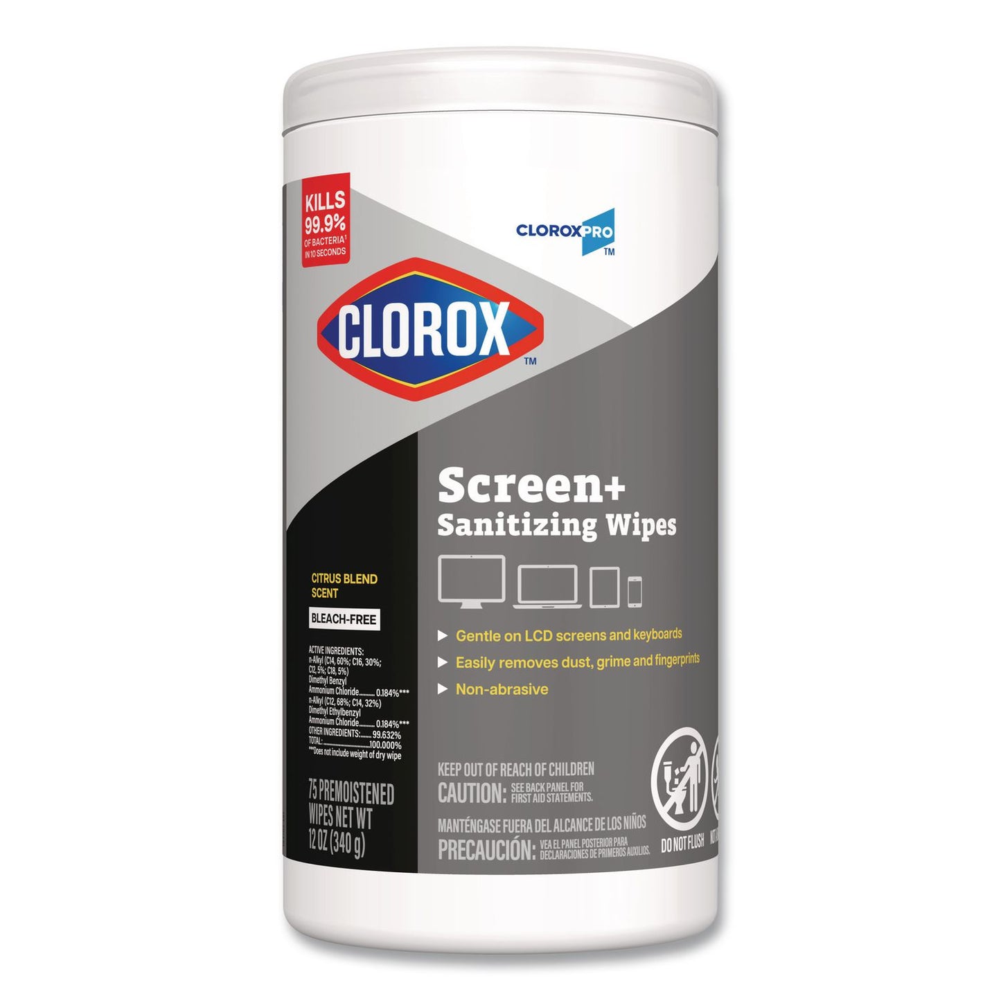 Clorox® CloroxPro ScreenPlus Sanitizing Wipes, 6 x 8, Citrus Blend, White, 75/Canister, 6 Canisters/Carton (CLO60724CT)