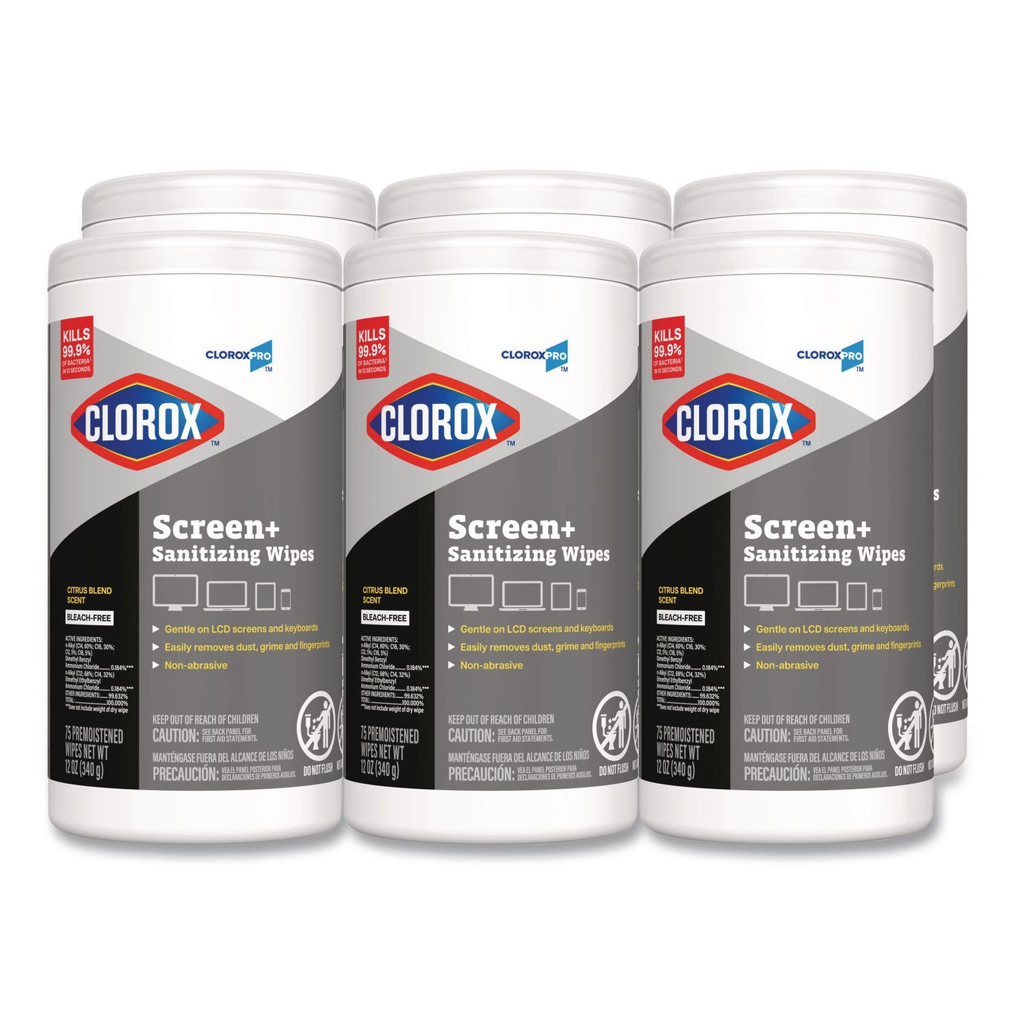 Clorox® CloroxPro ScreenPlus Sanitizing Wipes, 6 x 8, Citrus Blend, White, 75/Canister, 6 Canisters/Carton (CLO60724CT)