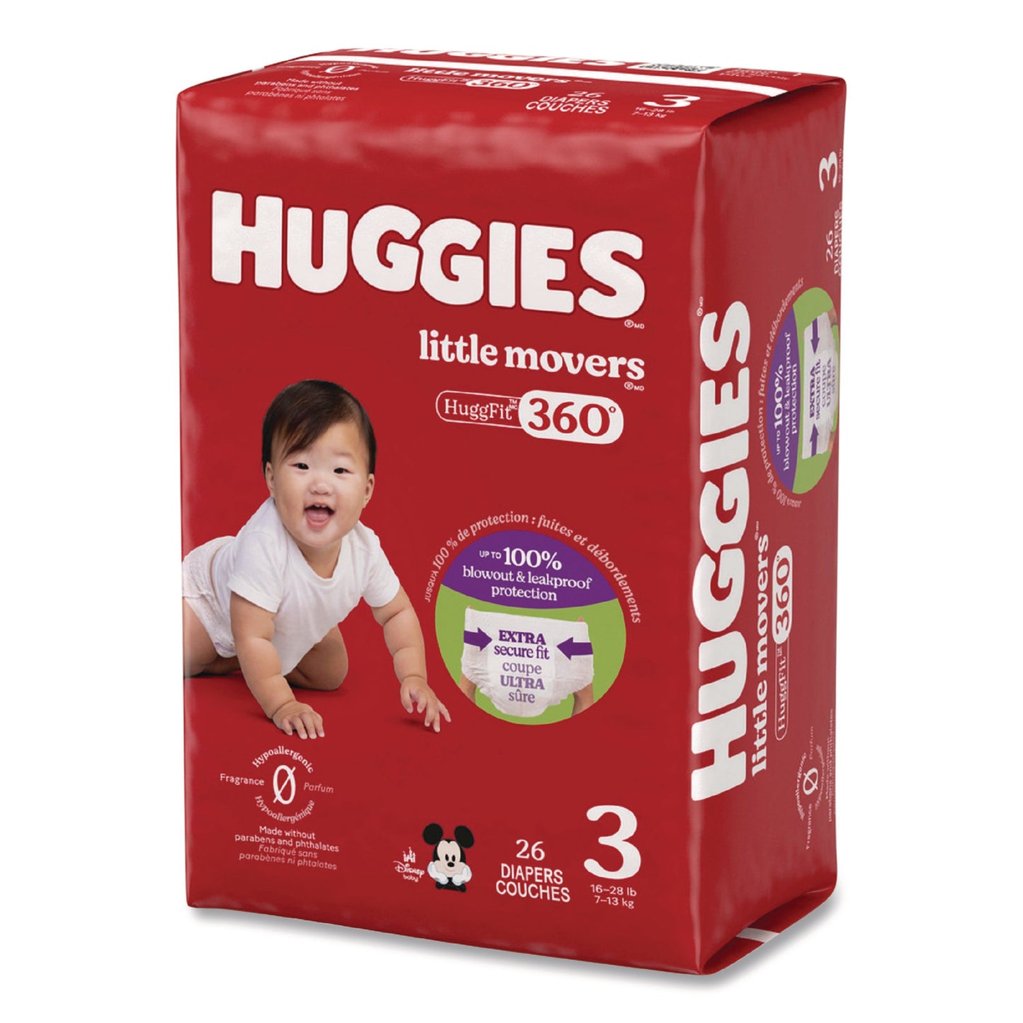 Huggies® Little Movers HuggFit 360 Degree, Size 3, 16 lbs to 28 lbs, Disney Design, 26 Diapers/Pack, 4 Packs/Carton (KCM56605)