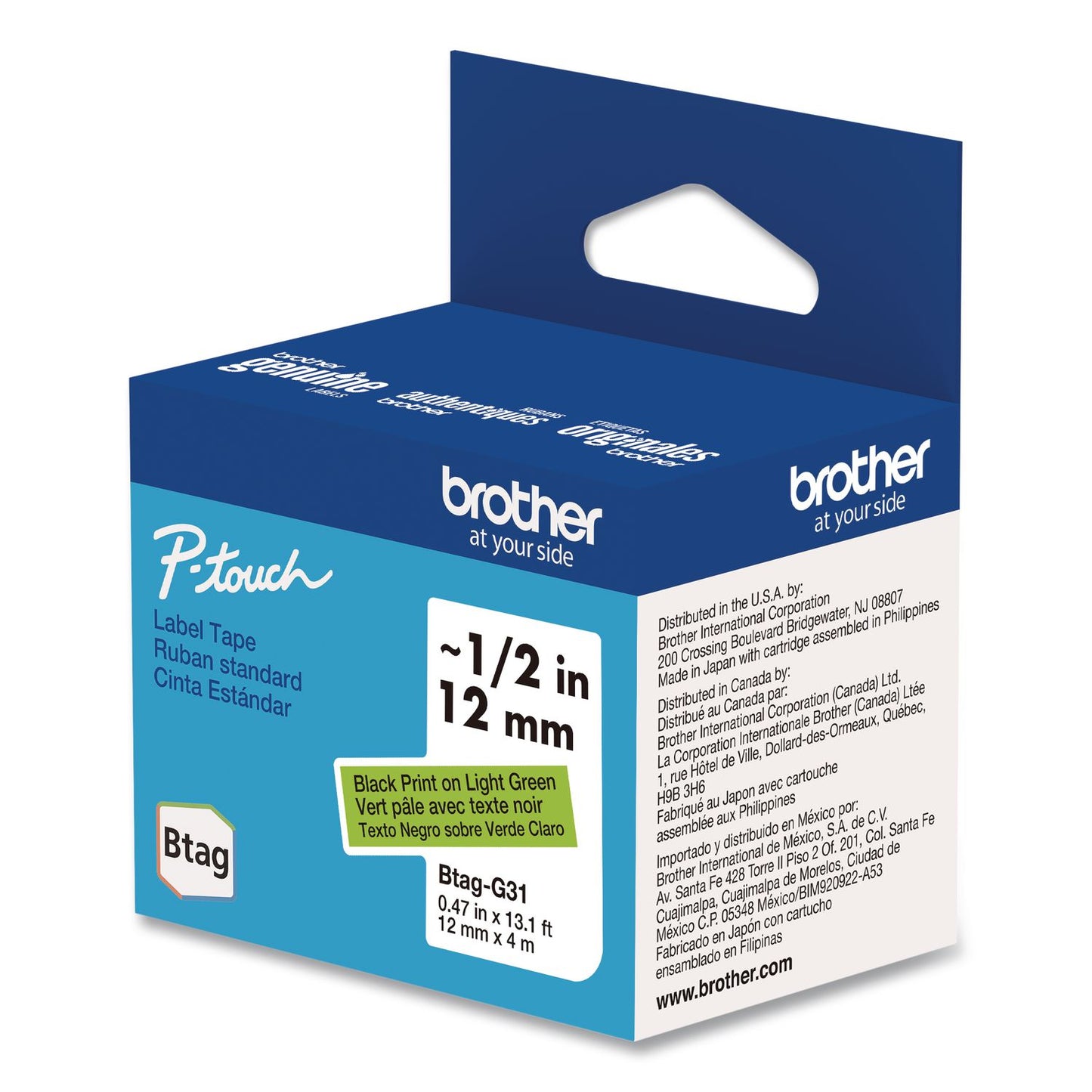 Brother P-Touch® Genuine P-Touch BTAG Label Tapes, 0.47" x 13.1 ft, Black on Light Green (BRTBTAGG31)