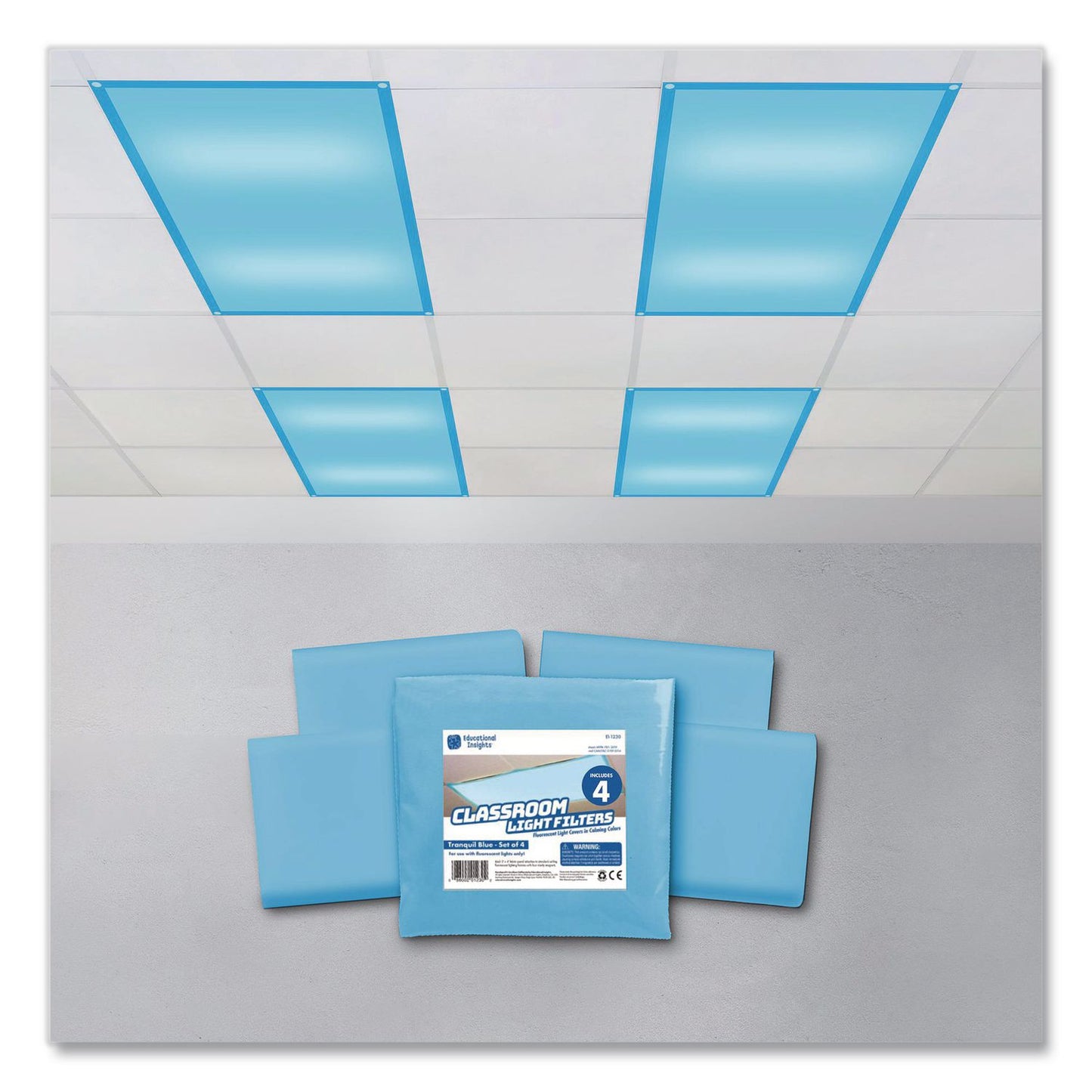 Educational Insights® Fluorescent Light Filter Covers, Rectangular, 2 ft x 4 ft, Tranquil Blue, 4 Covers (EII1230)