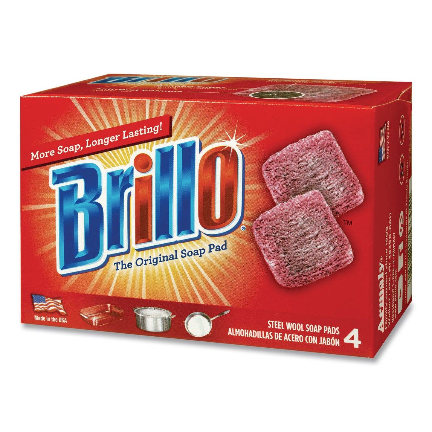 Brillo® Steel Wool Soap Pads, 2.5 x 3, Gray/Pink, 4 Pads/Box, 12 Boxes/Carton (AMY53304)