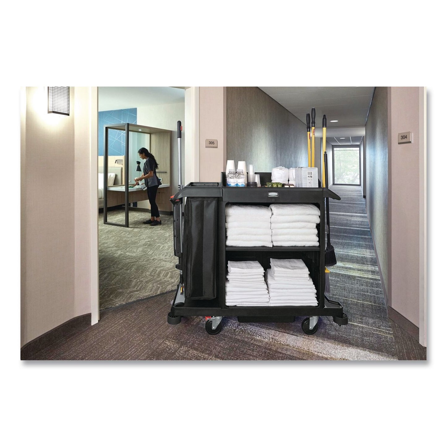 Rubbermaid® Commercial Compact Housekeeping Cart?, Plastic, 3 Shelves 1 Bin, 23 x 53.12 x 19.1, Black (RCP2202585)