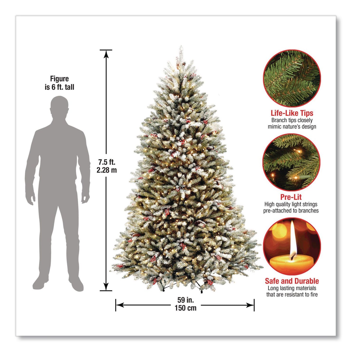 National Tree Company® Pre-Lit Dunhill Fir Snowy Tree, 59" x 59" x 90", Green Tree, Green Tree Stand (NTTDUF30075)