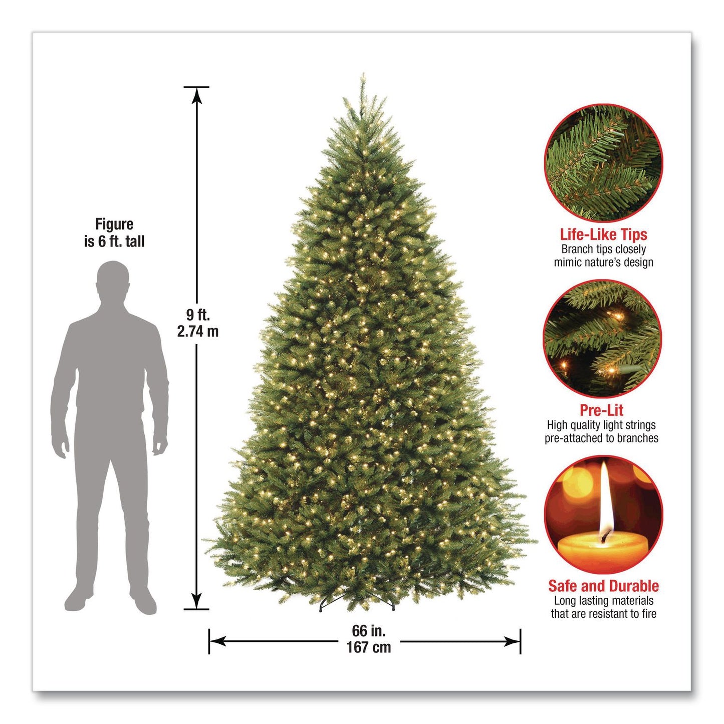 National Tree Company® Pre-Lit Dunhill Fir Tree, 66" x 66" x 108", 1,100 Clear Lights, Green Tree, Green Tree Stand (NTTDUH90LOS6)