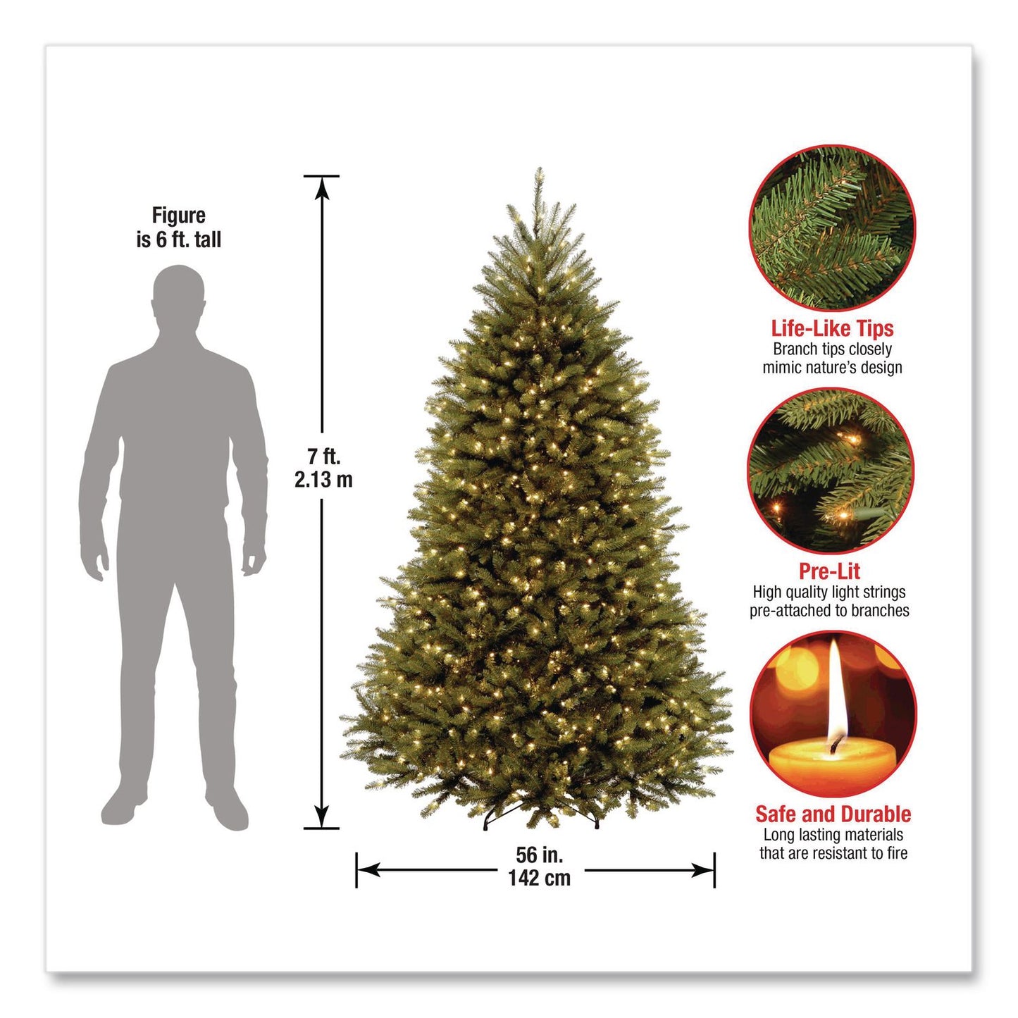 National Tree Company® Pre-Lit Dunhill Fir Tree with PowerConnect, Clear Lights, 52" x 52" x 84", Green Tree, Green Tree Stand (NTTDUH3300P70)