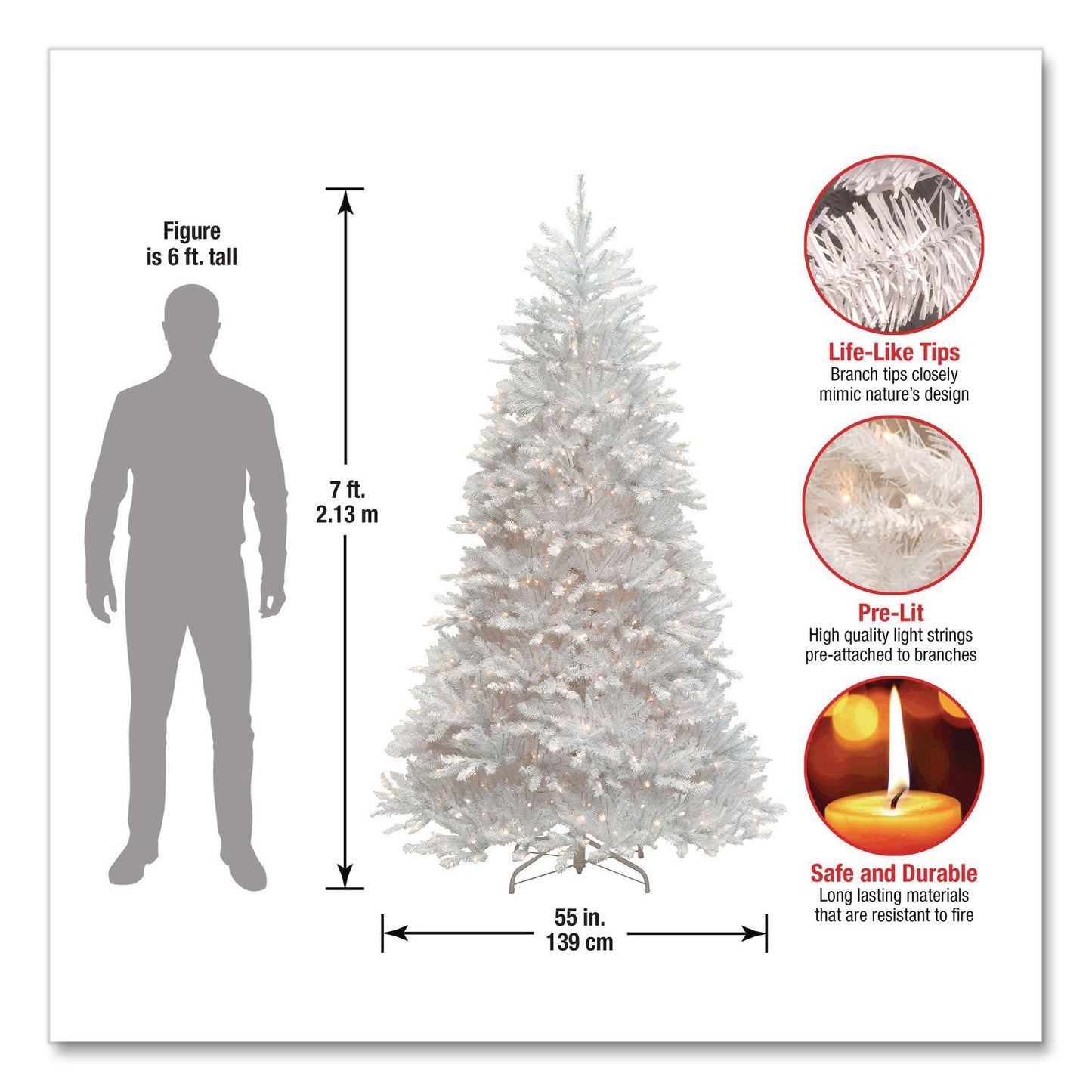 National Tree Company® Pre-Lit Dunhill Fir White Tree, 59" x 55" x 84", White Tree, White Tree Stand (NTTDUWH70LO)