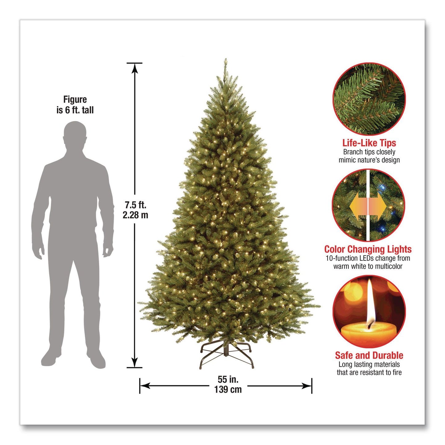 National Tree Company® Pre-Lit Kingswood Fir Tree, 55" x 55" x 90", Green Tree, Green Tree Stand (NTTKW7D5375)