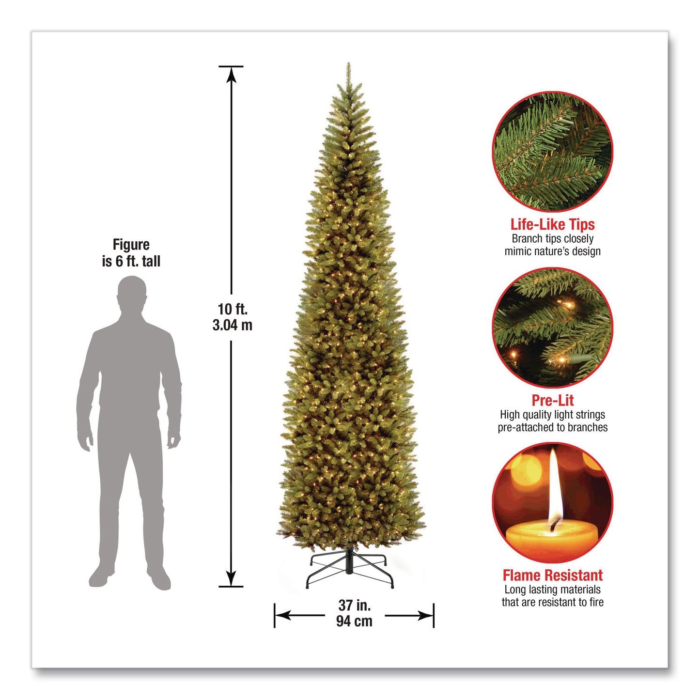 National Tree Company® Pre-Lit Kingswood Fir Pencil Slim Tree, 37" x 37" x 120", Green Tree, Green Tree Stand (NTTKW7300100)