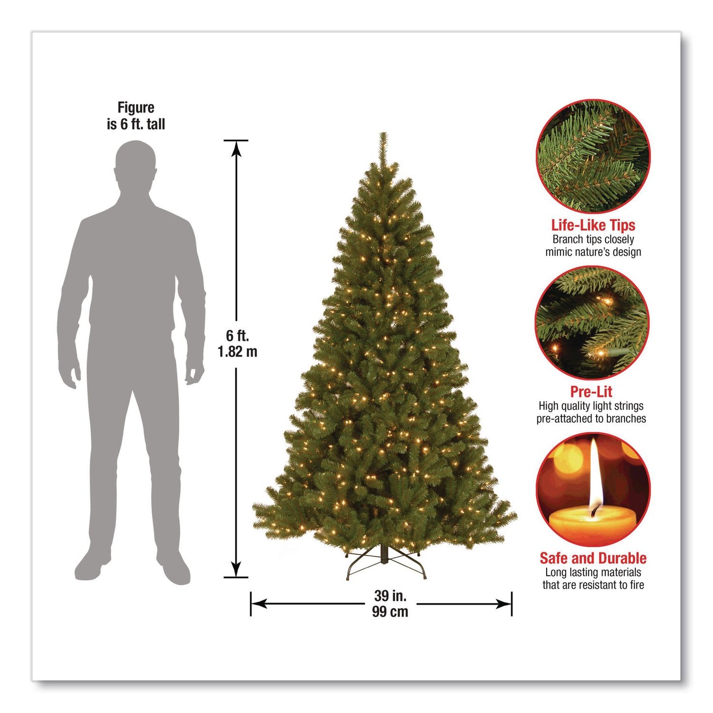National Tree Company® Pre-Lit North Valley Spruce Tree, 39" x 39" x 72", Green Tree, Green Tree Stand (NTTNRV730060)