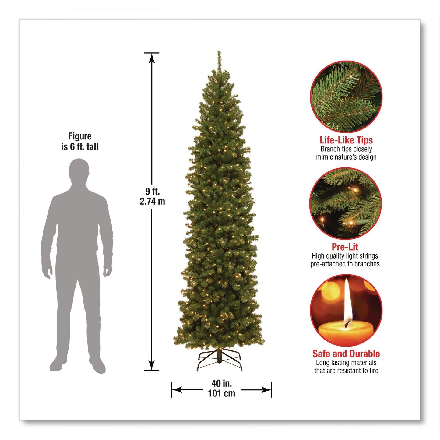 National Tree Company® Pre-Lit North Valley Spruce Pencil Slim Tree, 40" x 40" x 108", Green Tree, Green Tree Stand (NTTNRV735890)