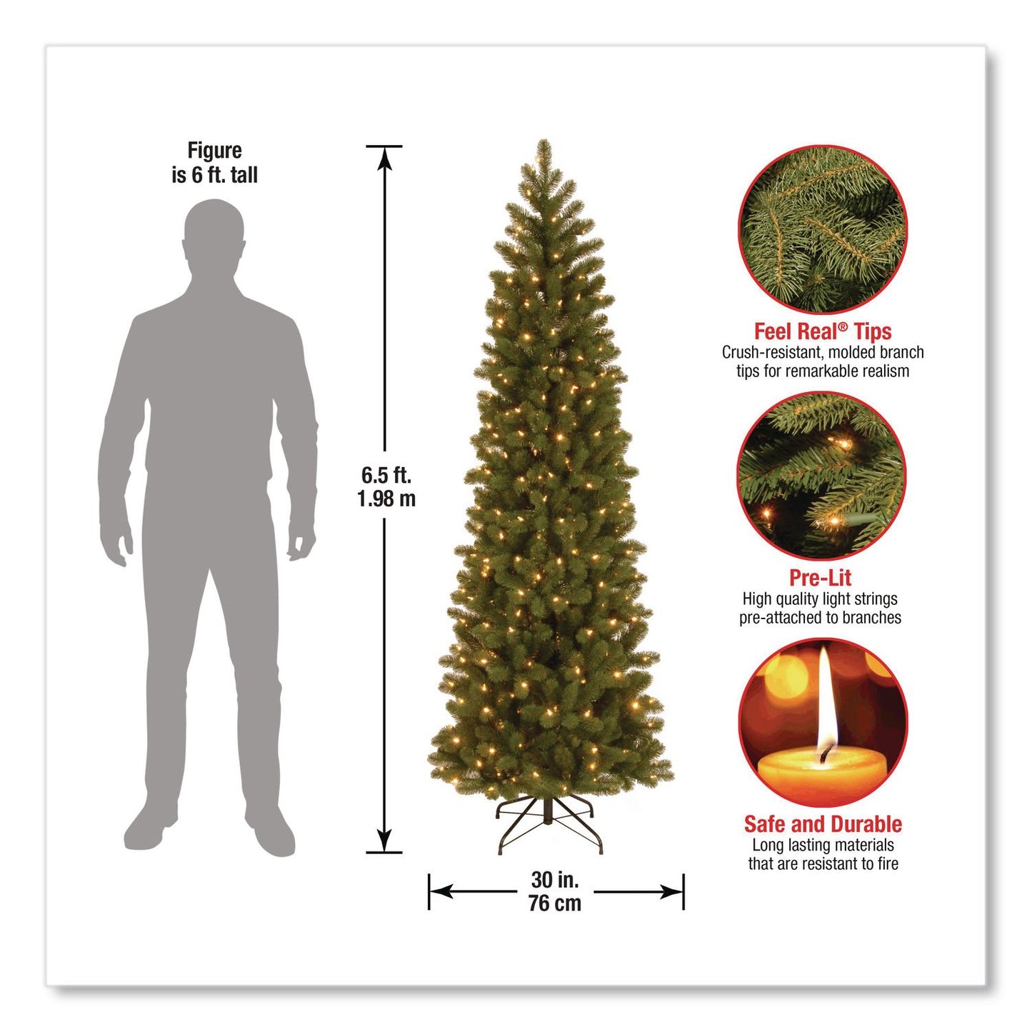 National Tree Company® Pre-Lit Downswept Douglas Fir Pencil Slim Tree, 30" x 30" x 78", Green Tree, Green Tree Stand (NTTPEDD439265)