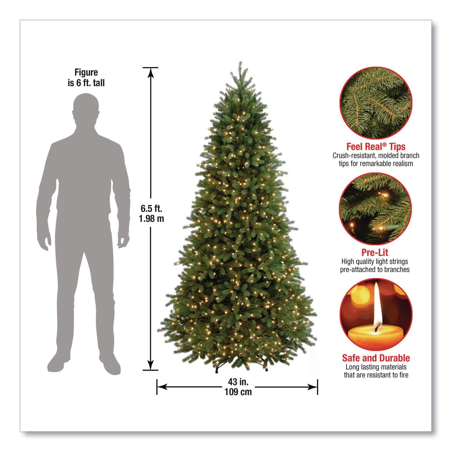 National Tree Company® Pre-Lit Jersey Fraser Fir Slim Tree, 43" x 43" x 78", Green Tree, Green Tree Stand (NTTPEJF130465)