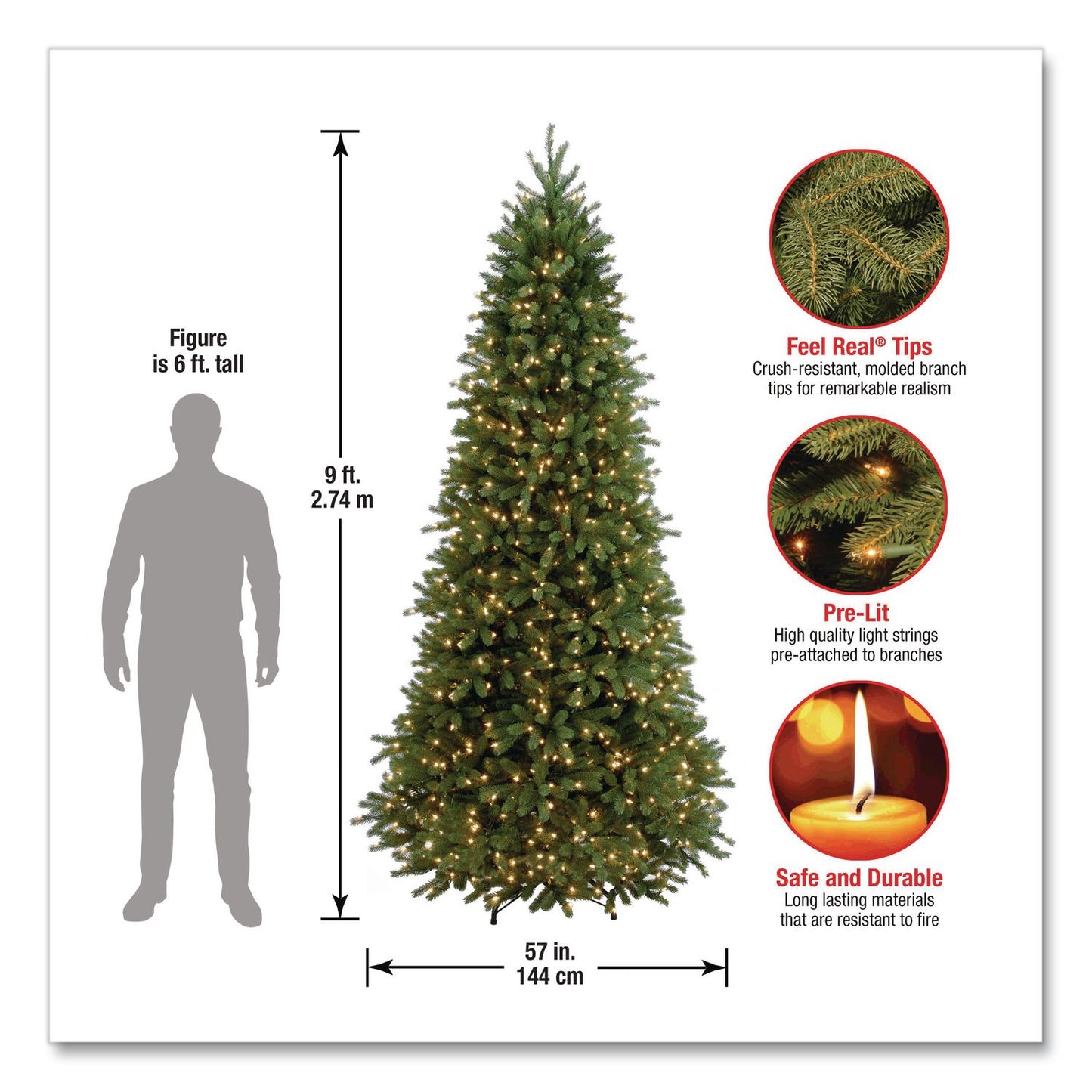 National Tree Company® Pre-Lit Jersey Fraser Fir Slim Tree, 57" x 57" x 108", Green Tree, Green Tree Stand (NTTPEJF130490)
