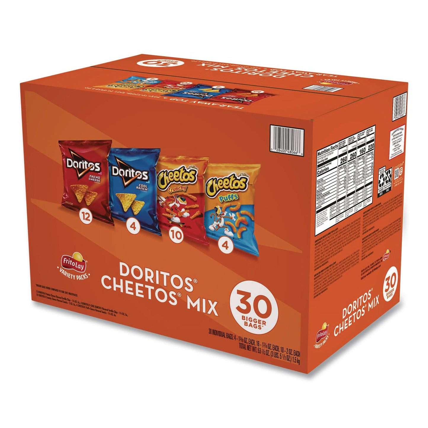 Frito-Lay Doritos and Cheetos Variety Pack, Assorted Flavors, Assorted Sizes, 30 Bags/Carton (GRR22002673)