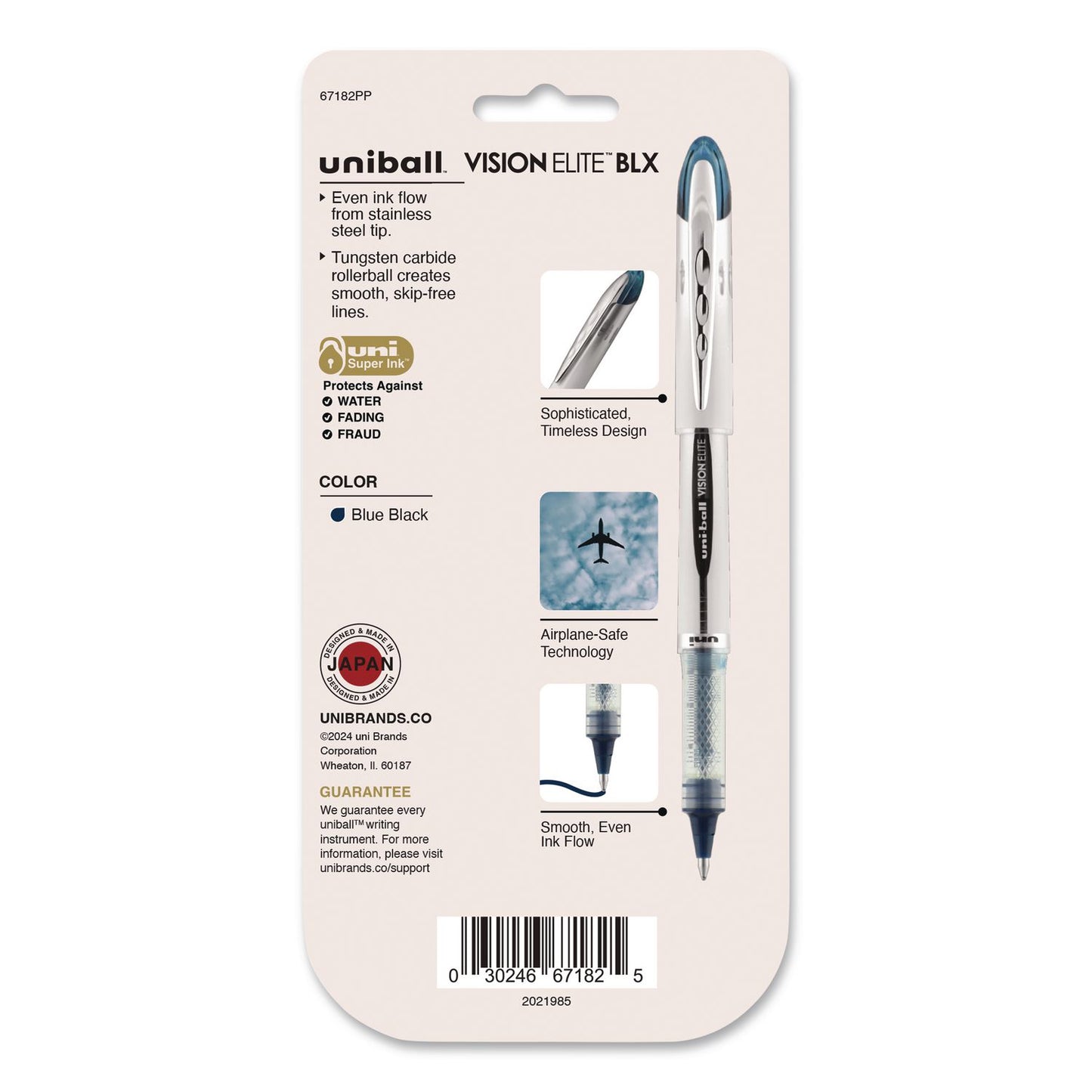 uniball® VISION ELITE BLX Series Hybrid Gel Pen, Stick, Bold 0.8 mm, Blue-Infused Black Ink, White/Blue/Clear Barrel, 4/Pack (UBC67182PP)