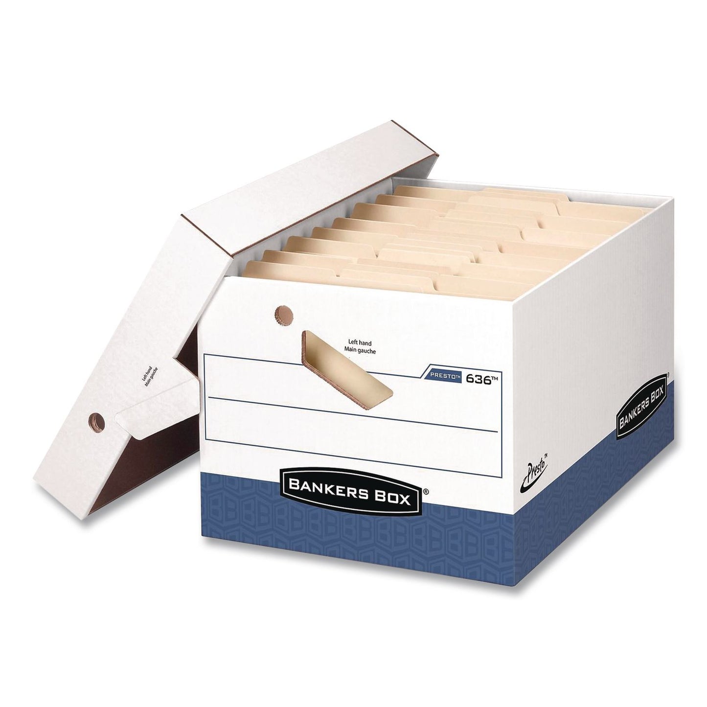 Bankers Box® PRESTO Heavy-Duty Storage Boxes, Letter/Legal Files, 12 x 15 x 10, White/Blue, 4/Carton (FEL0063602)