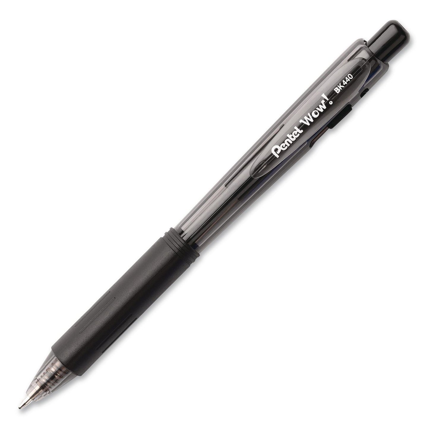 Pentel® WOW! Ballpoint Pen, Retractable, Medium 1 mm, Black Ink, Smoke/Black Barrel, 18/Pack (PENBK440BP18A)