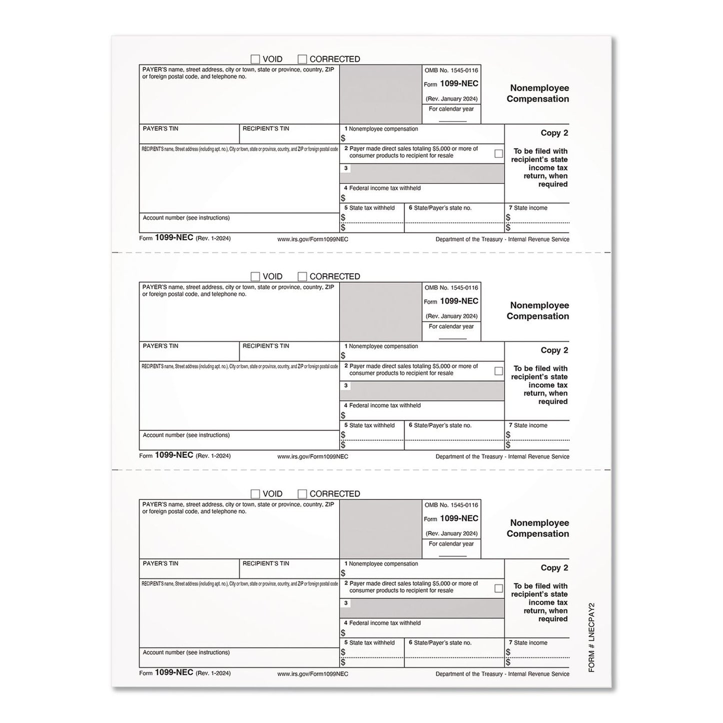 Adams® 2024 1099-NEC Copy 1 or 2 Laser/Inkjet Tax Forms, 8.5 x 3.66, 3 Forms/Sheet, 150 Forms Total (TOP2986503)