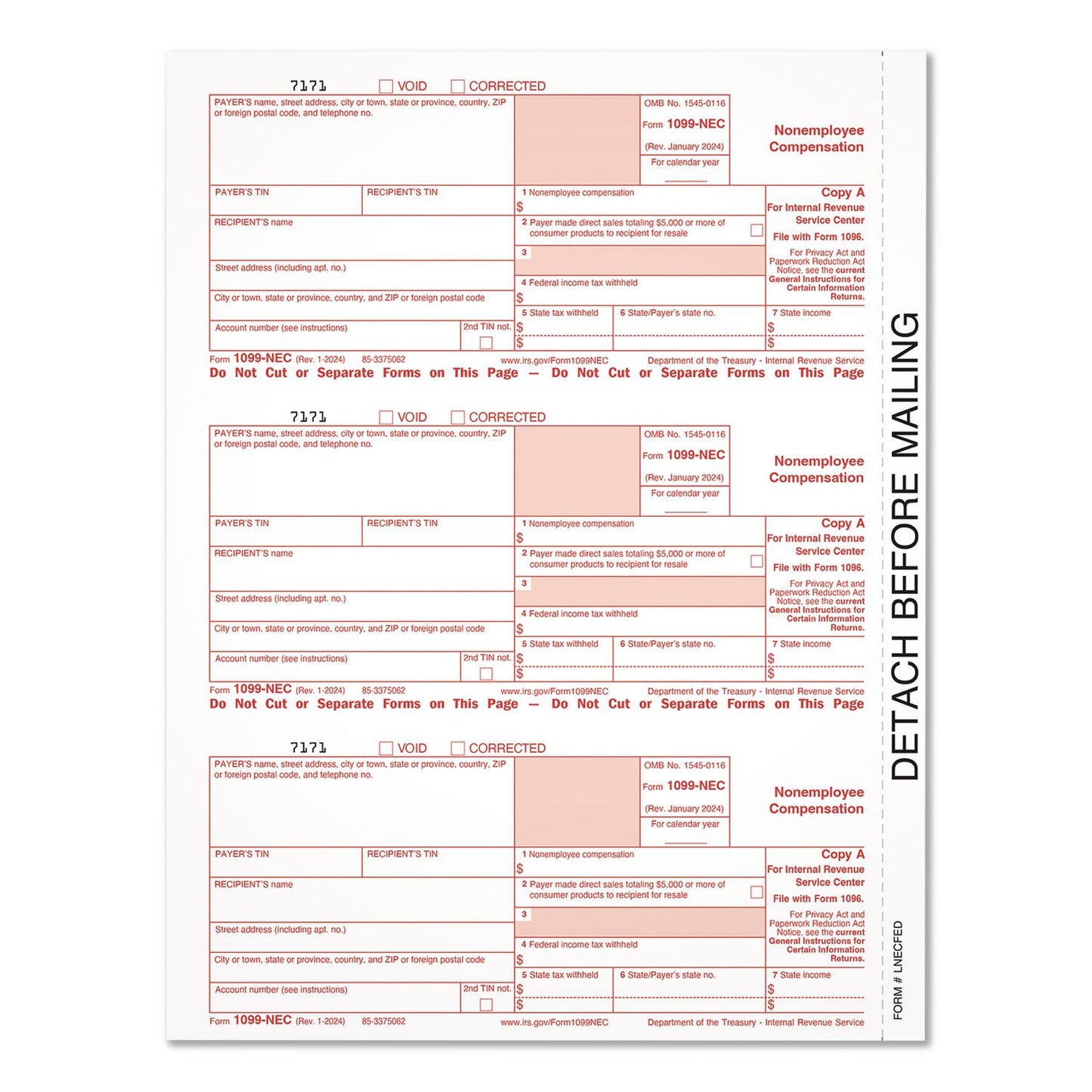 Adams® 2024 1099-NEC Copy A Laser/Inkjet Tax Forms, 8.5 x 11.5, 3 Forms/Page, 150 Forms/Sheet (TOP2986512)