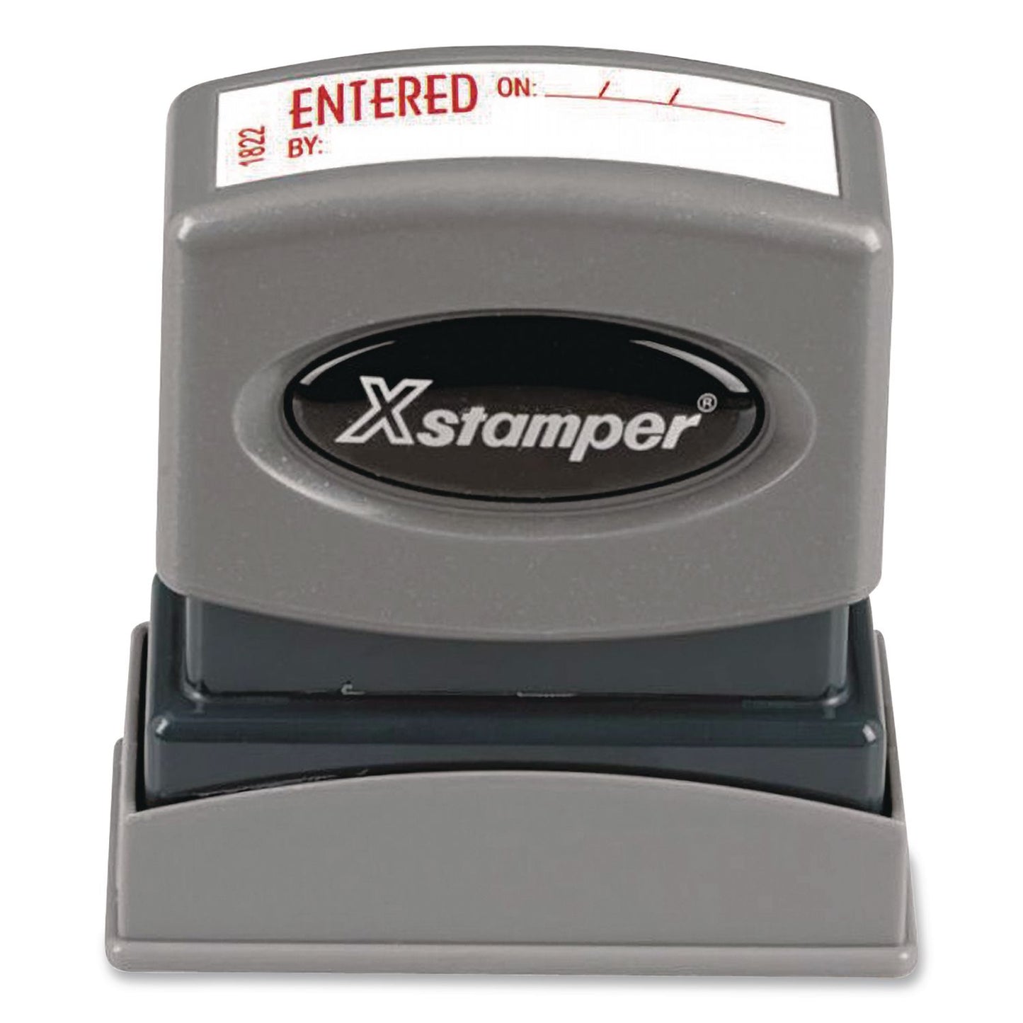 Xstamper® ECO-GREEN Pre-Inked One-Color Stock Stamp, ENTERED ON/BY, 1.62 x 0.5, Red Ink (XST1822)