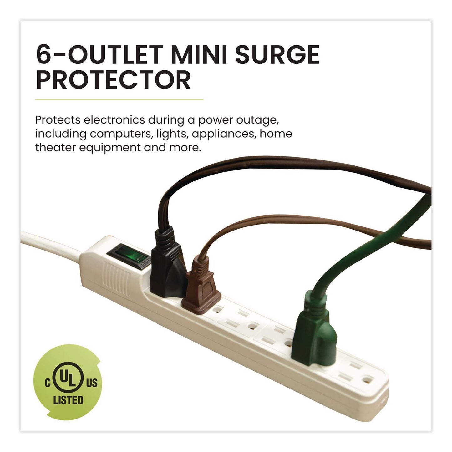 GoGreen Power 6 Outlet Mini Surge Protector, 2 ft Cord, 160 J, Black (GGPGG16103MINBK)