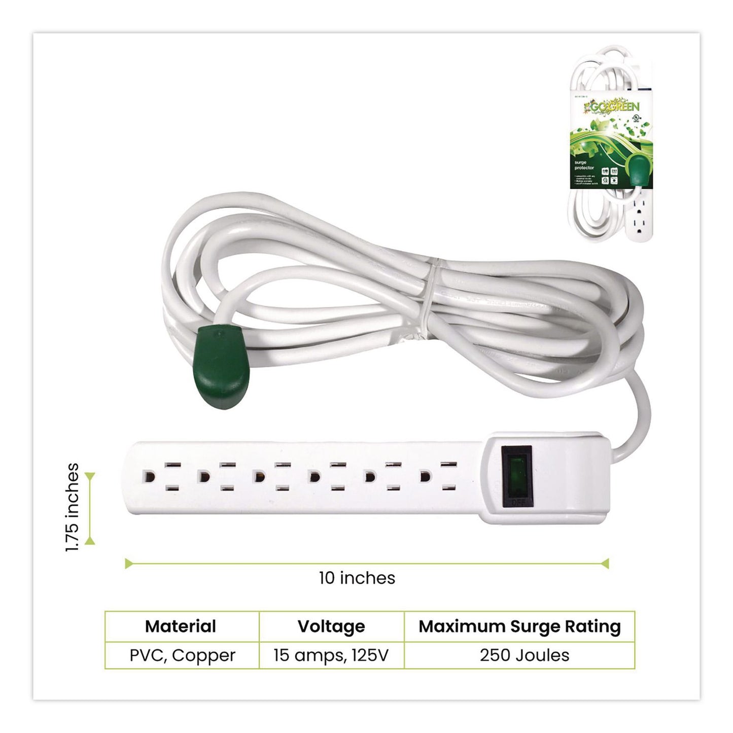 GoGreen Power 6 Outlet Surge Protector, 12 ft Cord, 250 J, White (GGPGG16103M12)