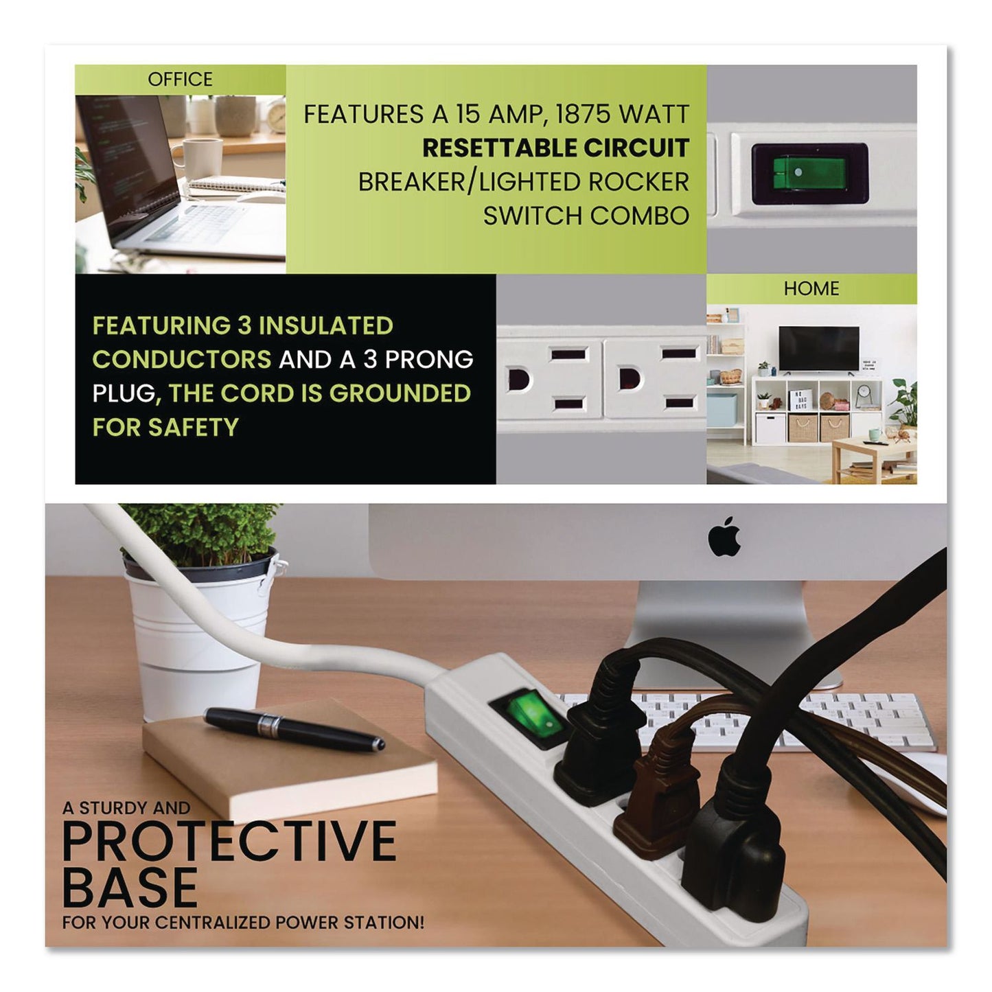 GoGreen Power 3 Outlet Power Strip, 2.5 ft Cord, White, 3/Pack (GGPGG13002MS3)