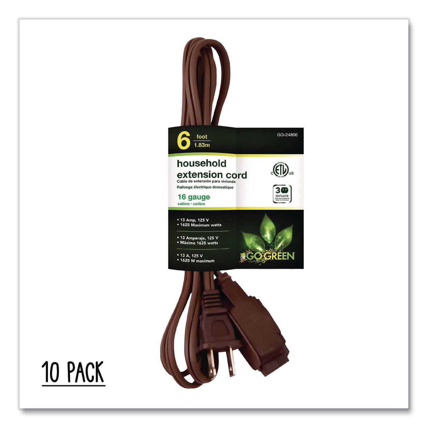 GoGreen Power Household Extension Cord, 6 ft, 13 A, Brown, 10/Pack (GGPGG2480610)