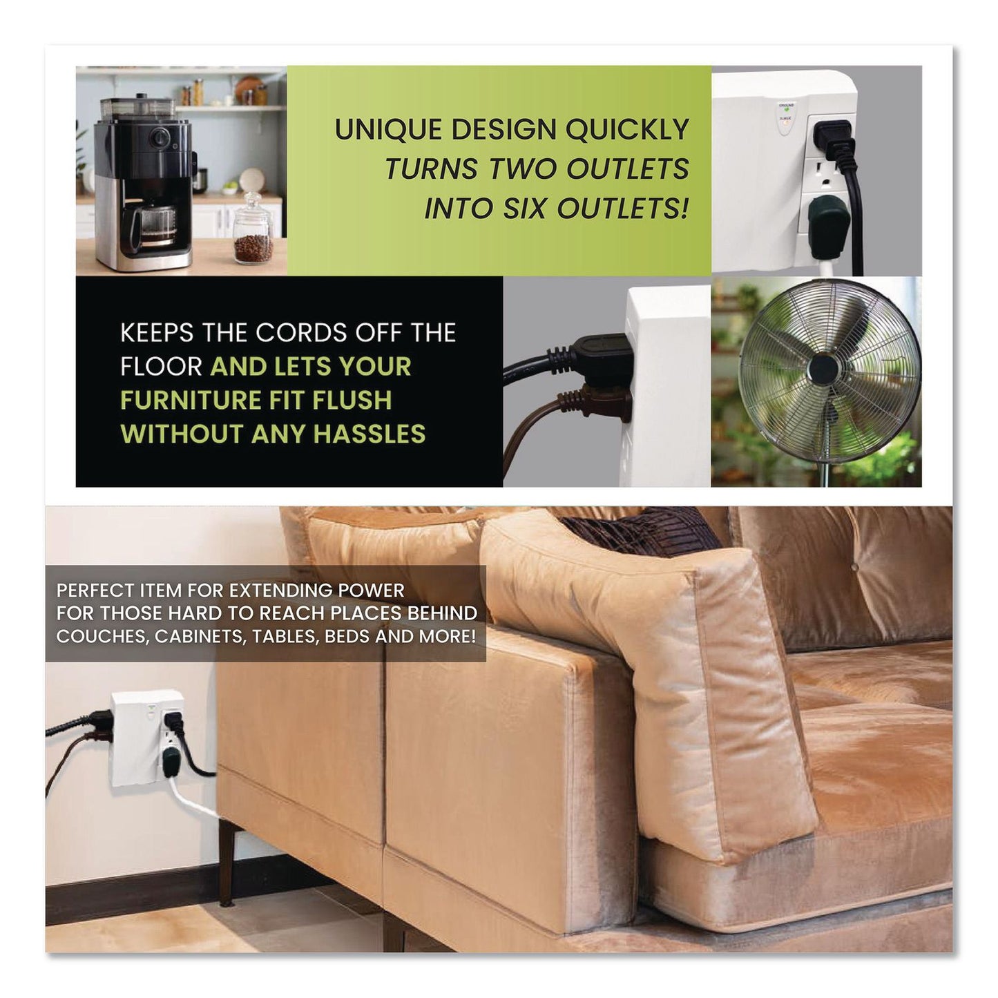 GoGreen Power 6 Outlet Swivel Wall Tap with Surge Protection, 1,000 J, White (GGPGG16310TSW)