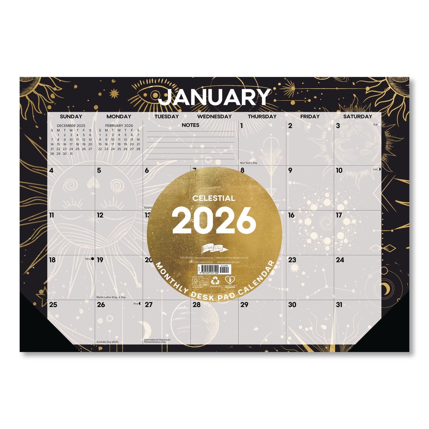 Willow Creek Press Celestial Small Monthly Desk Pad Calendar, 17 x 12, Black/Gold/Gray Sheets, Black Headband/Corners, 12-Month (Jan-Dec) 2026 (WPR57100)