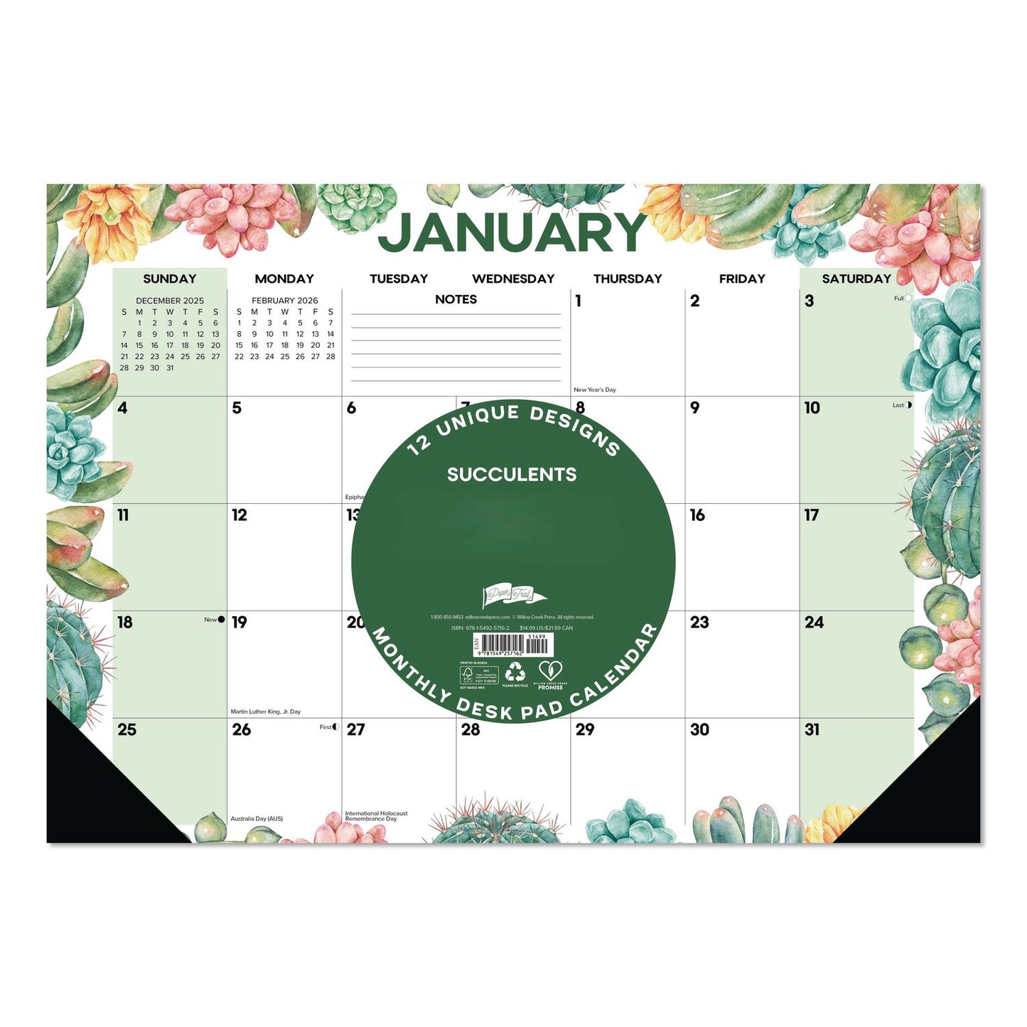 Willow Creek Press Succulents Small Monthly Desk Pad Calendar, 17 x 12, White Sheets, Black Headband/Corners, 12-Month (Jan to Dec): 2026 (WPR57162)