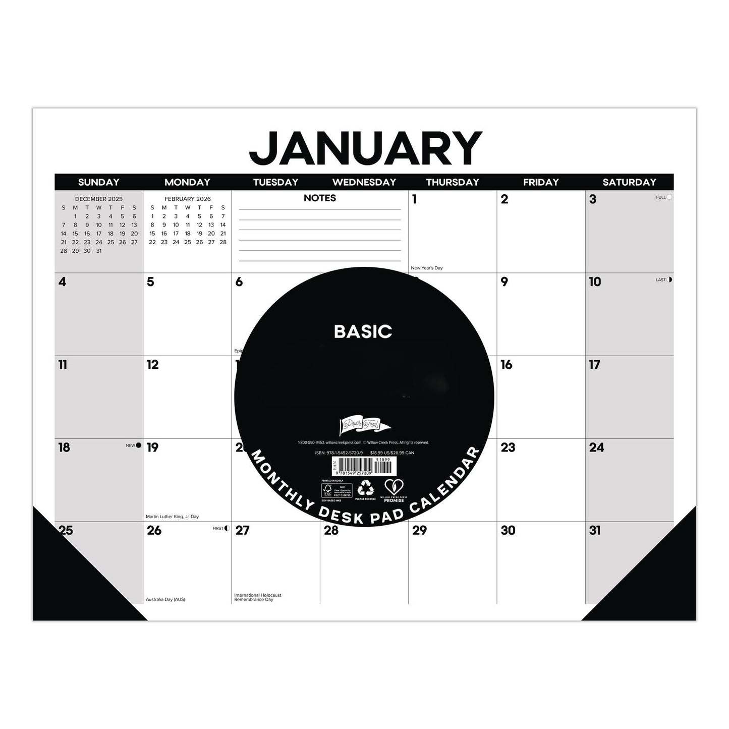 Willow Creek Press Basic Large Monthly Desk Pad Calendar, 22 x 17, White/Gray/Black Sheets, Black Headband/Corners, 12-Month (Jan to Dec) 2026 (WPR57209)
