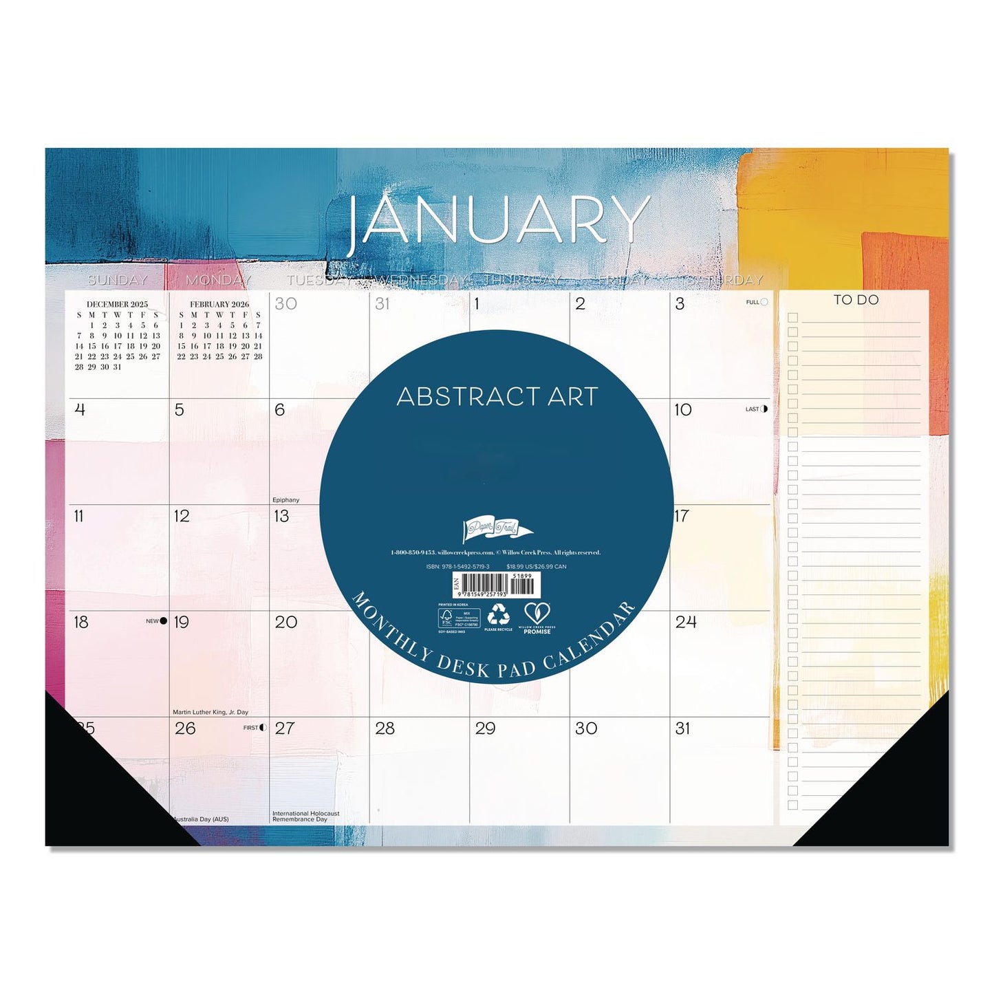 Willow Creek Press Abstract Art Large Monthly Desk Pad Calendar, 22x17, White/Multicolor Sheets, Black Headband/Corners, 12-Month (Jan-Dec) 2026 (WPR57193)