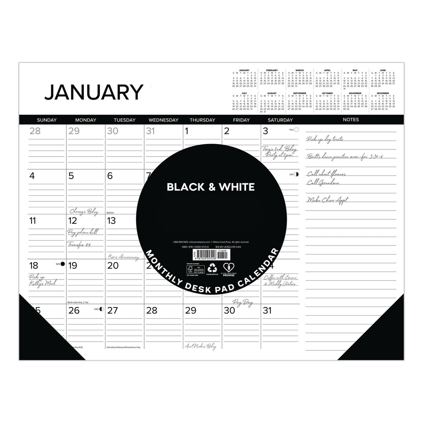 Willow Creek Press Black-and-White with Lines Large Monthly Desk Pad Calendar, 22 x 17, White Sheets, Black Corners, 12-Month (Jan to Dec): 2026 (WPR57216)