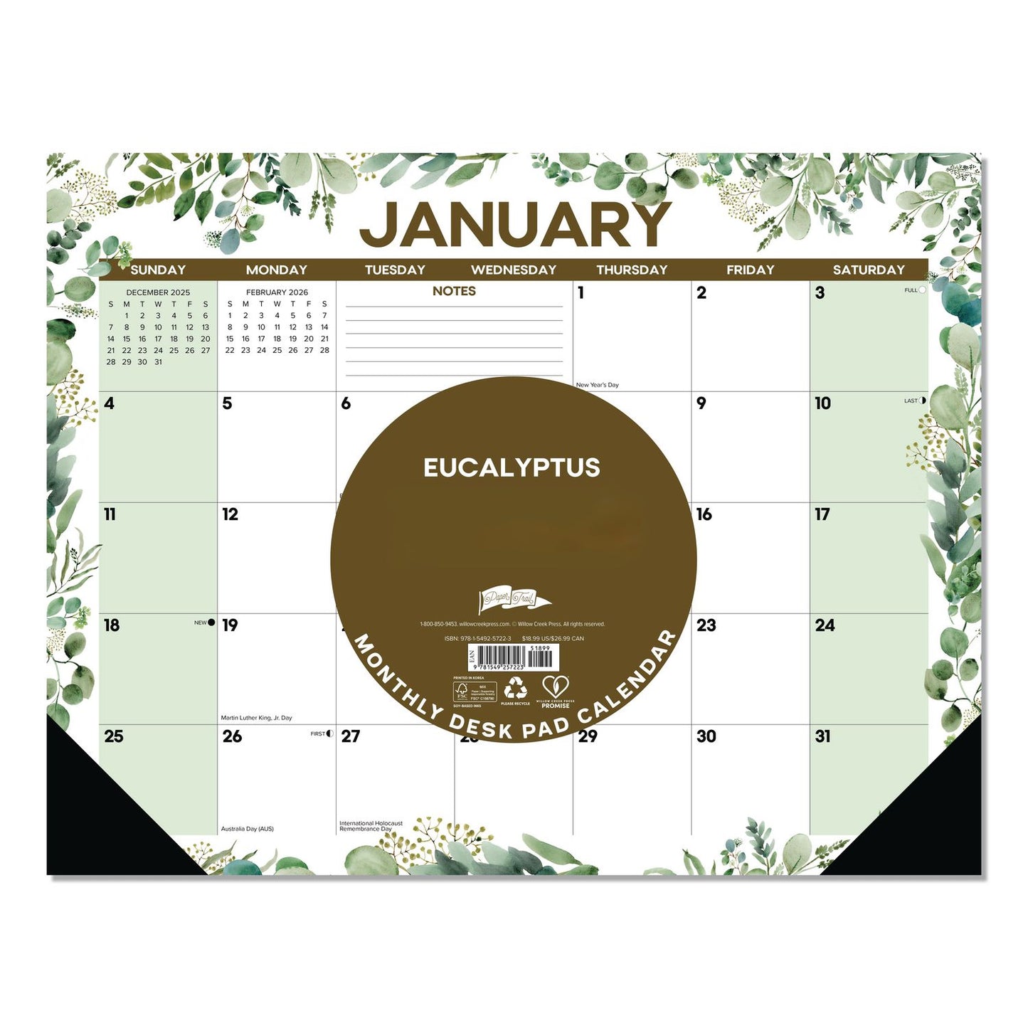 Willow Creek Press Eucalyptus Large Monthly Desk Pad Calendar, 22 x 17, White/Green Sheets, Black Headband/Corners, 12-Month (Jan to Dec) 2026 (WPR57223)