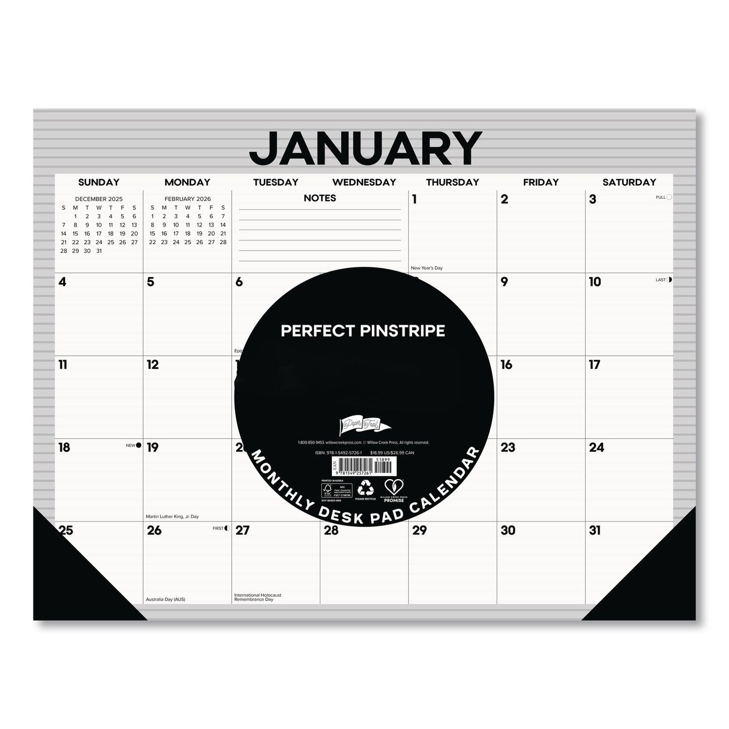 Willow Creek Press Perfect Pinstripe Large Monthly Desk Pad Calendar, 22x17, White/Gray Sheets, Black Headband/Corners, 12-Month (Jan-Dec) 2026 (WPR57261)