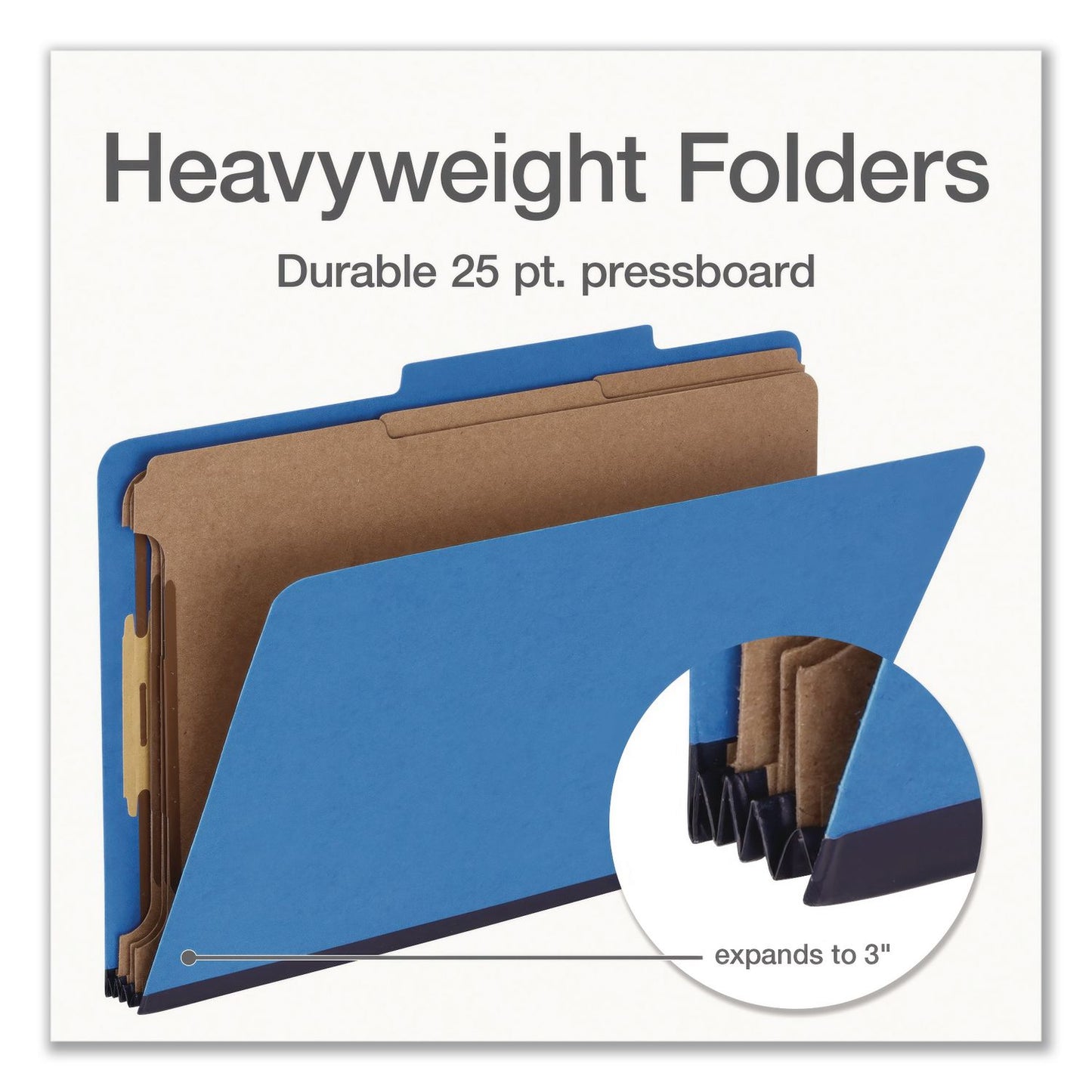 Pendaflex® Heavy-Duty Pressboard Classification Folder, 2/5-Cut Tab: Right, Expands 3", 3 Dividers, 8 Fasteners, Legal Size, Blue, 10/BX (PFX1006944)