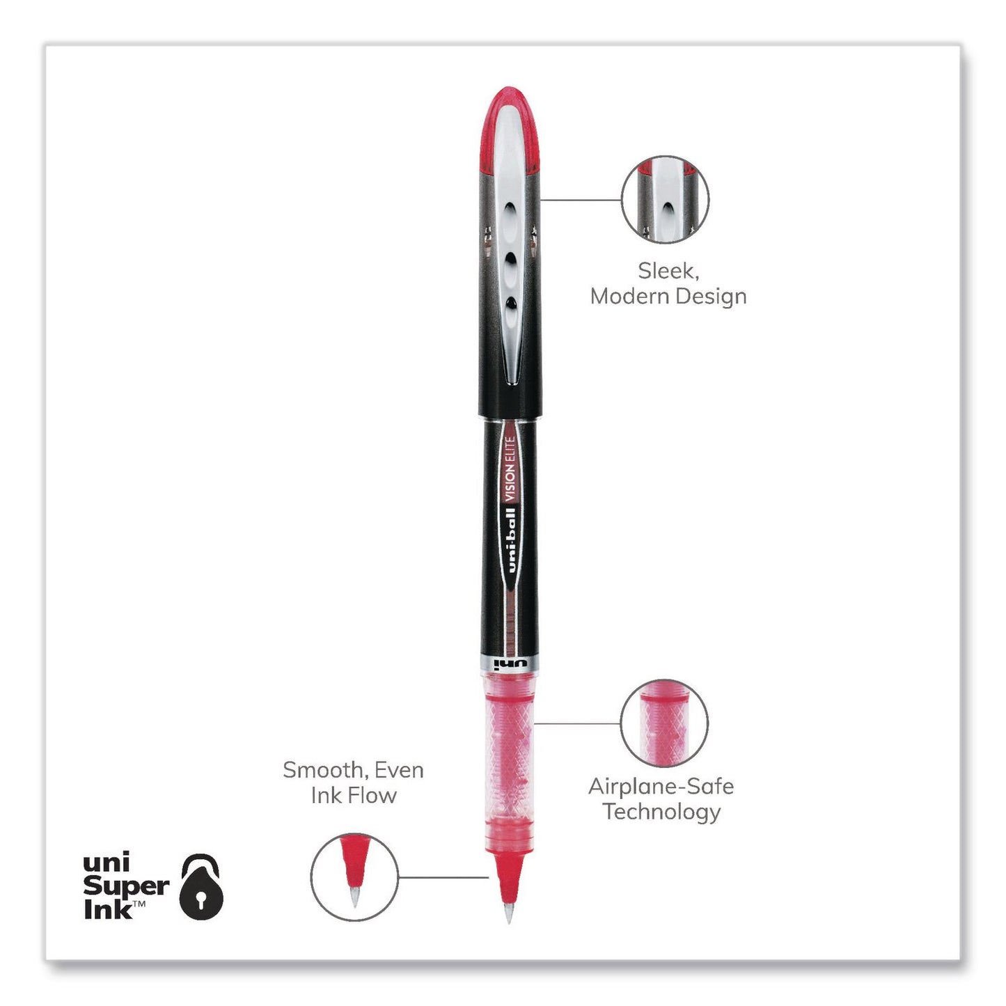uniball® VISION ELITE Rollerball Pen, Stick, Micro 0.5 mm, Red Ink, Black/Red/Clear Barrel, Dozen (UBC69022DZ)