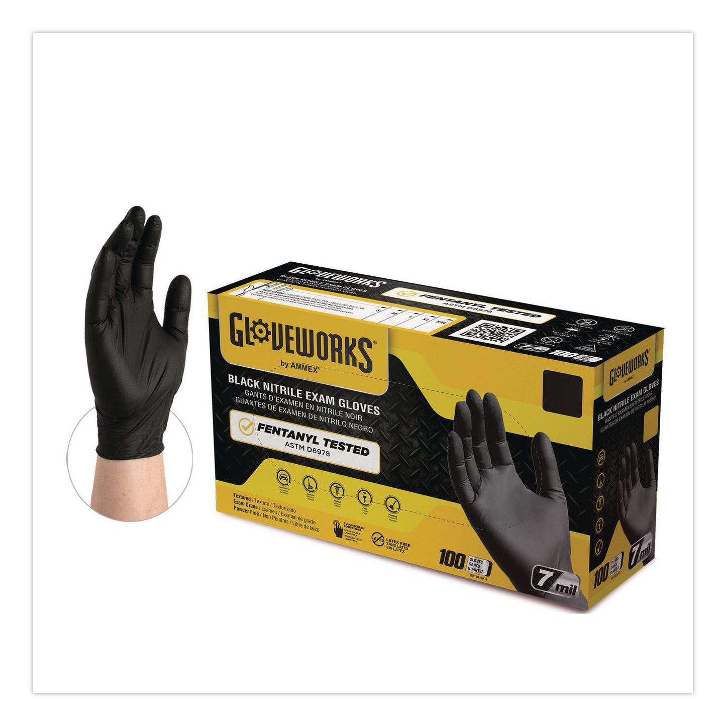 GloveWorks® by AMMEX® Nitrile Exam Gloves, Powder-Free, Small, 7 mil Thick, 9.5" Long, Black, 100/Box, 10 Boxes/Carton (AXCGWBEN42100)
