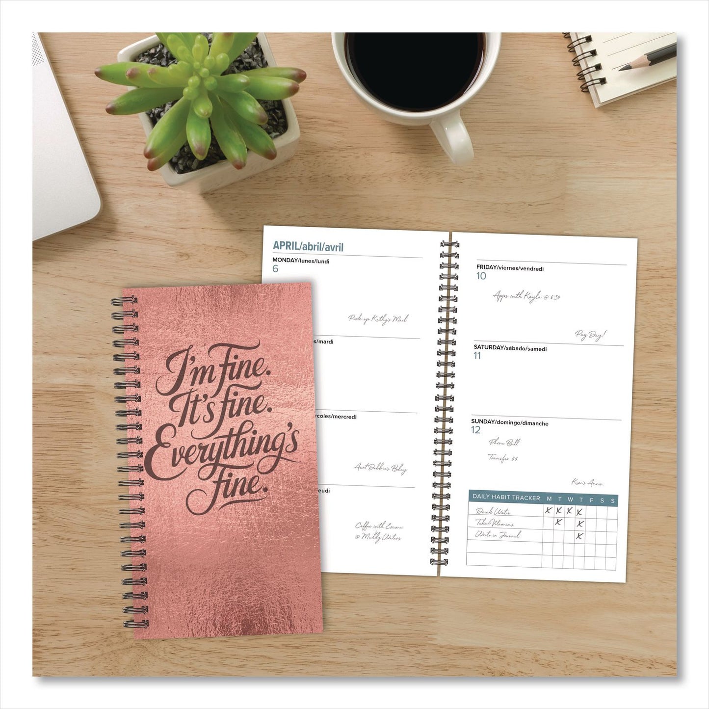 Willow Creek Press Everything is Fine (Trilingual) Weekly/Monthly Planner, 6.5 x 3.5, Rose Gold Cover, 12-Month (Jan to Dec): 2026 (WPR58428)