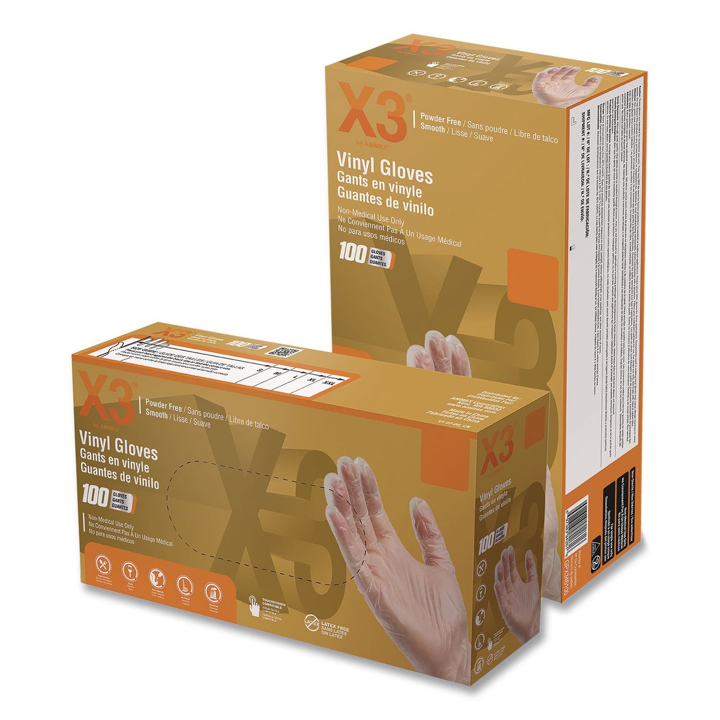 X3® by AMMEX® Industrial Vinyl Gloves, Powder-Free, X-Large, 3 mil Thick, 9.5" Long, Clear, 100/Box (AXCGPX348100)