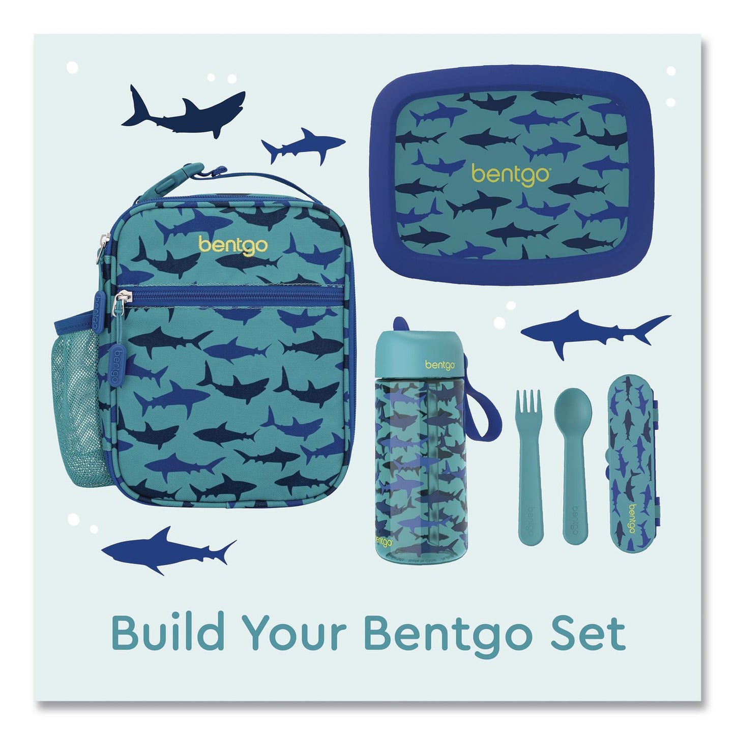 bentgo® Kids Insulated Lunch Tote, Sharks Theme, 7.3" x 3.5" x 9.5", Turquoise/Blue (BEODBGSHK)